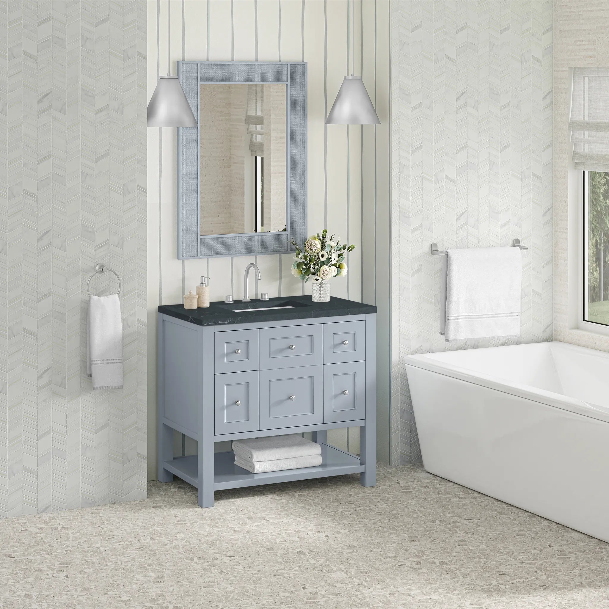 36" Breckenridge Single Vanity in Serenity Blue-Charcoal Soapstone Silestone-8" Widespread image 3