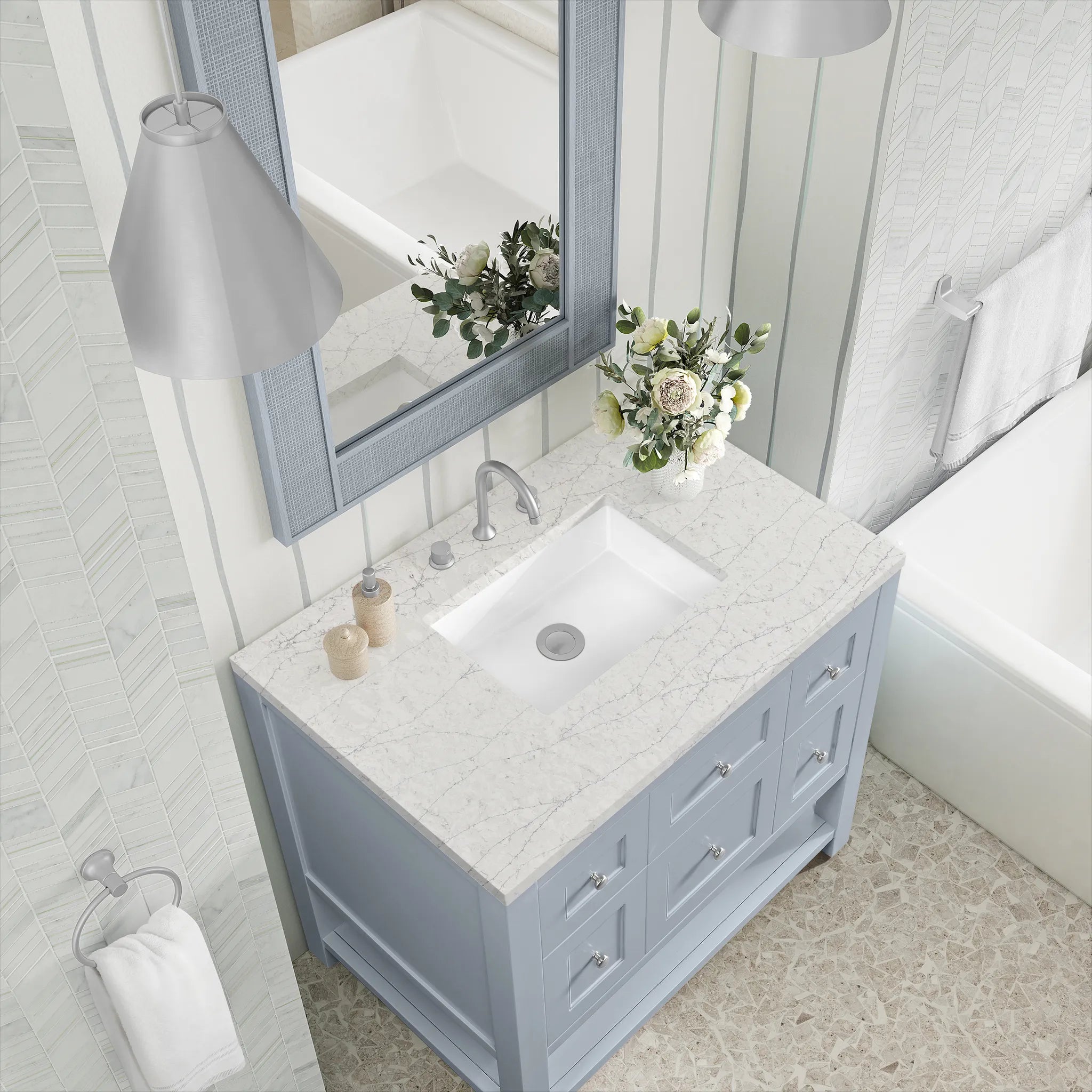 36" Breckenridge Single Vanity in Serenity Blue-Eternal Jasmine Pearl Silestone-8" Widespread image 6