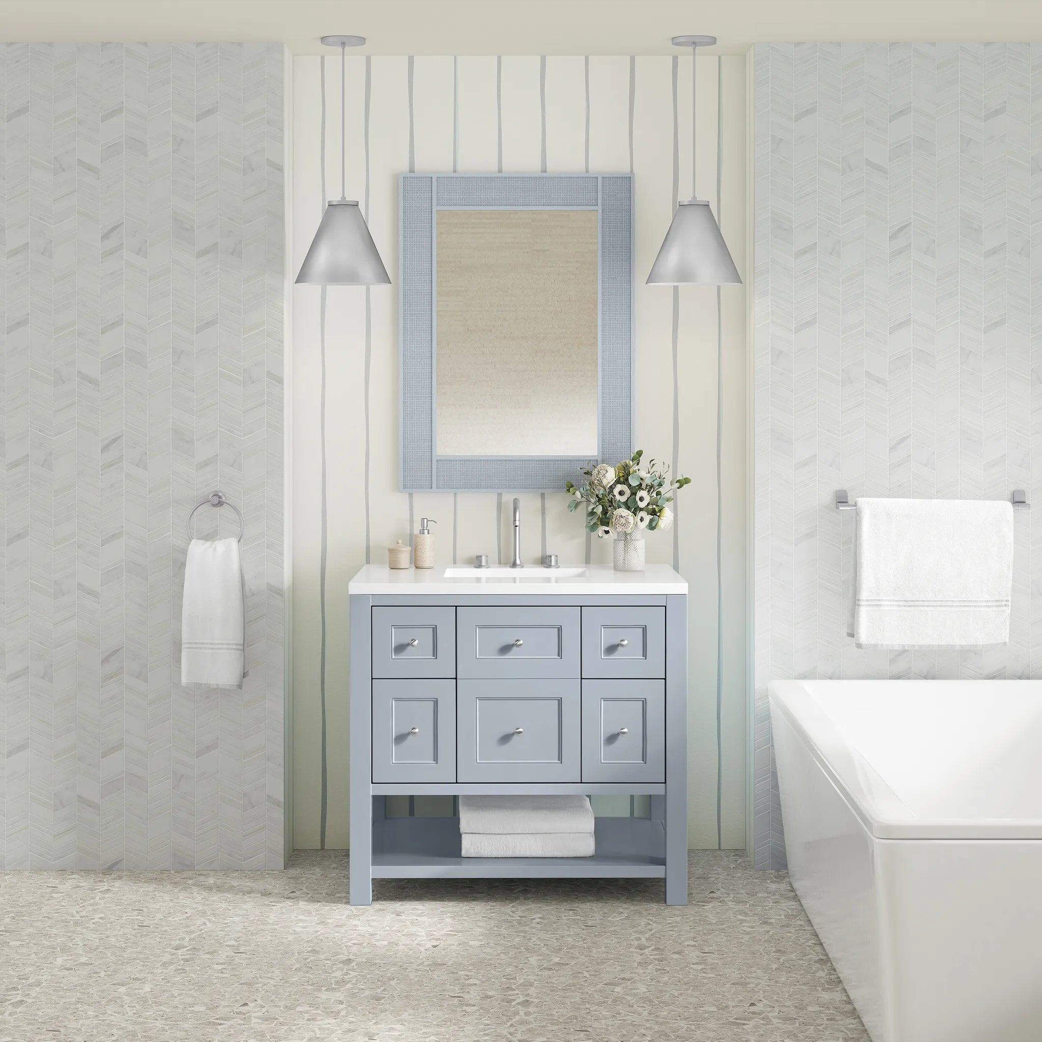 36" Breckenridge Single Vanity in Serenity Blue-White Zeus Silestone-8" Widespread image 2