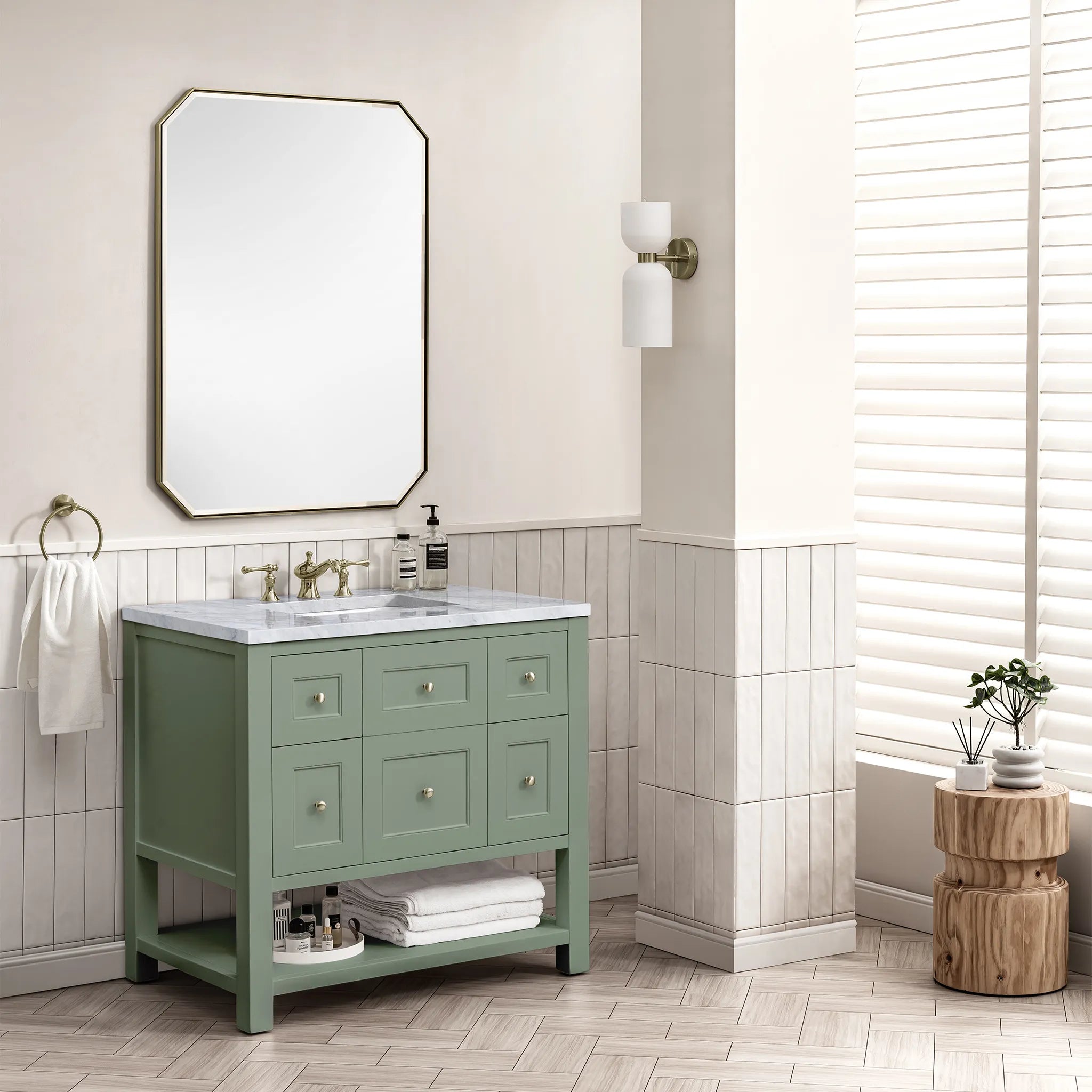 36" Breckenridge Single Vanity in Smokey Celadon-Carrara White Marble-8" Widespread image 2
