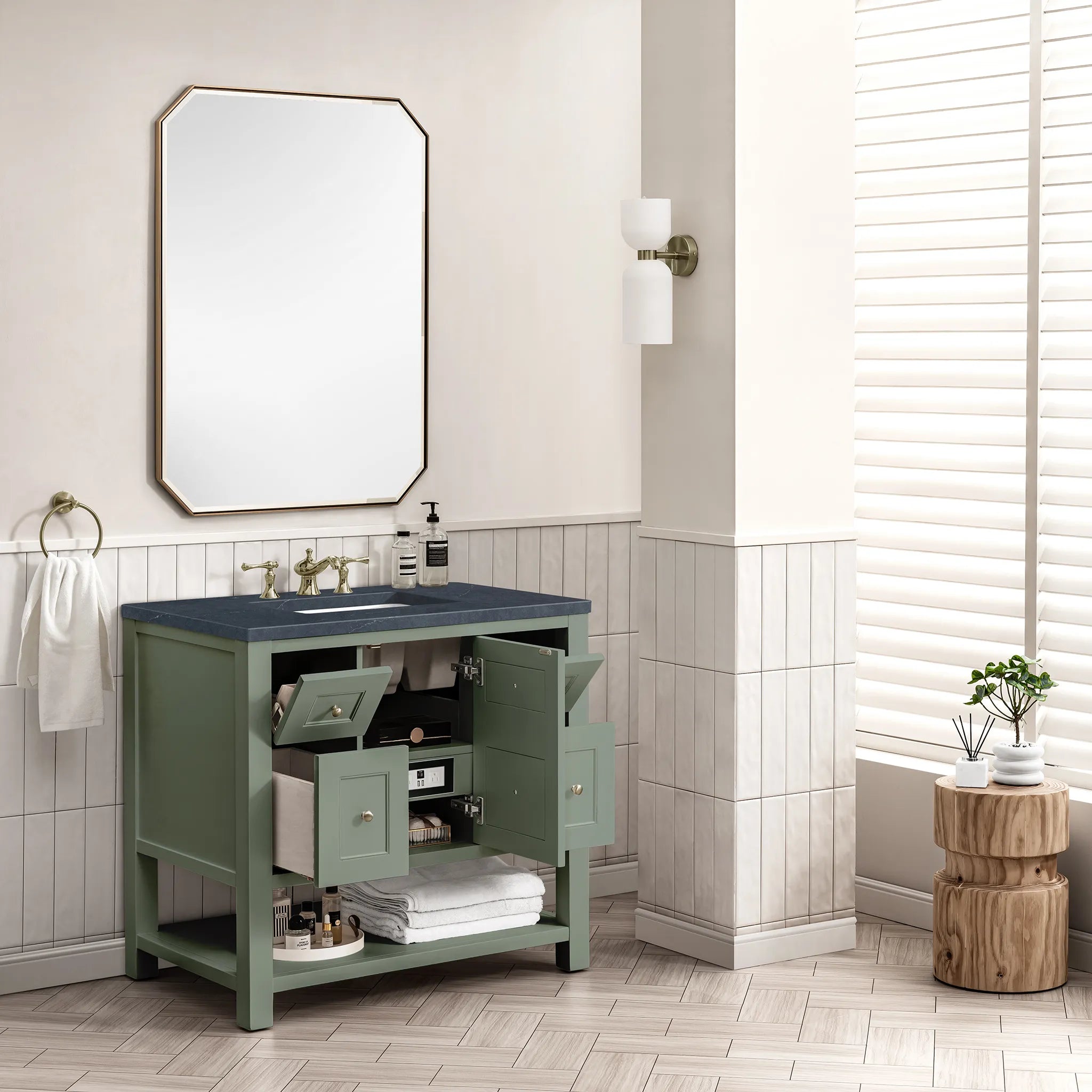 36" Breckenridge Single Vanity in Smokey Celadon-Charcoal Soapstone Silestone-8" Widespread image 3