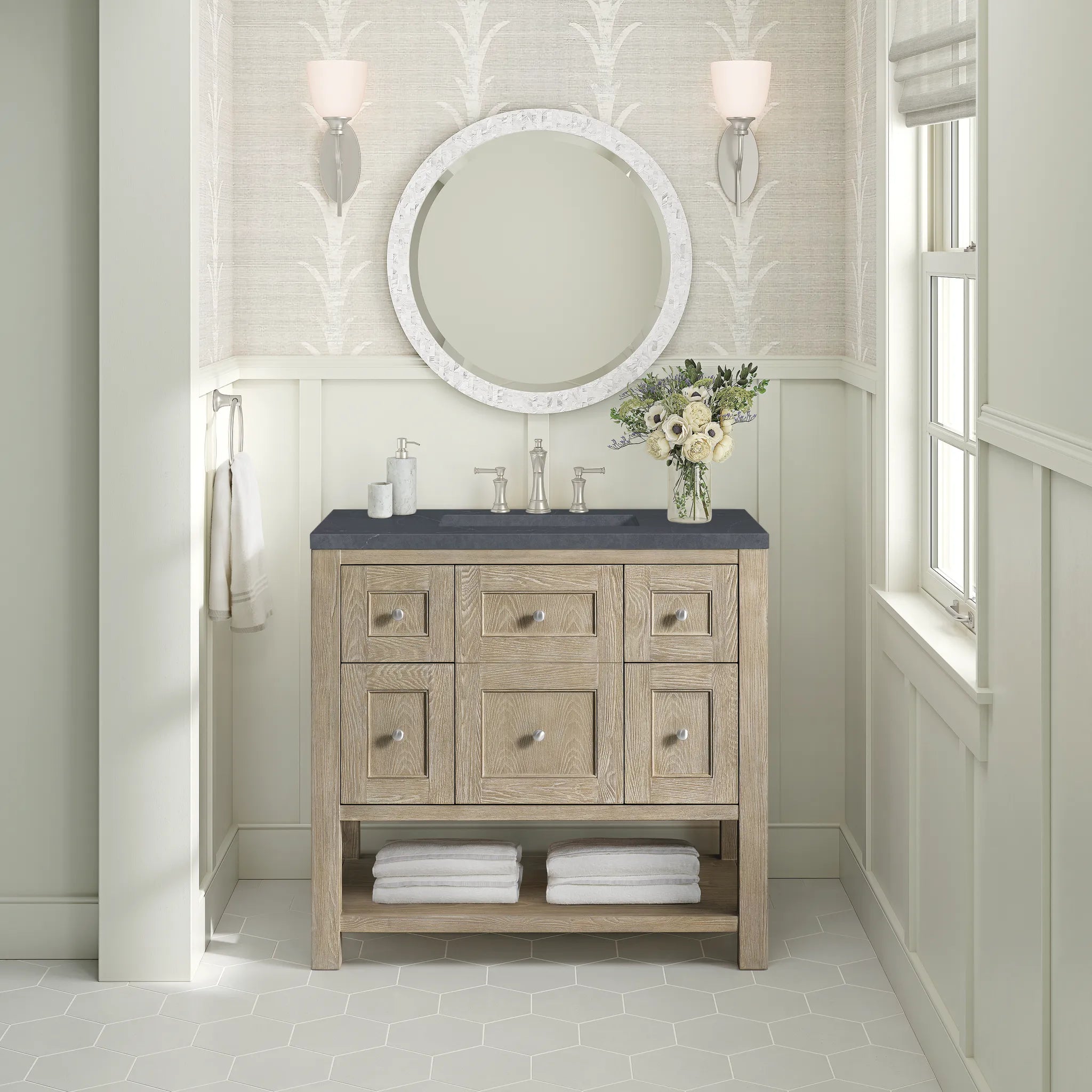 36" Breckenridge Single Vanity in Whitewashed Oak-Charcoal Soapstone Silestone-8" Widespread image 2