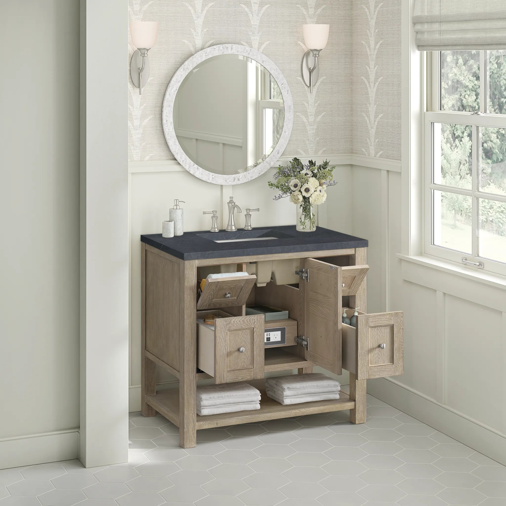 36" Breckenridge Single Vanity in Whitewashed Oak-Charcoal Soapstone Silestone-8" Widespread image 4
