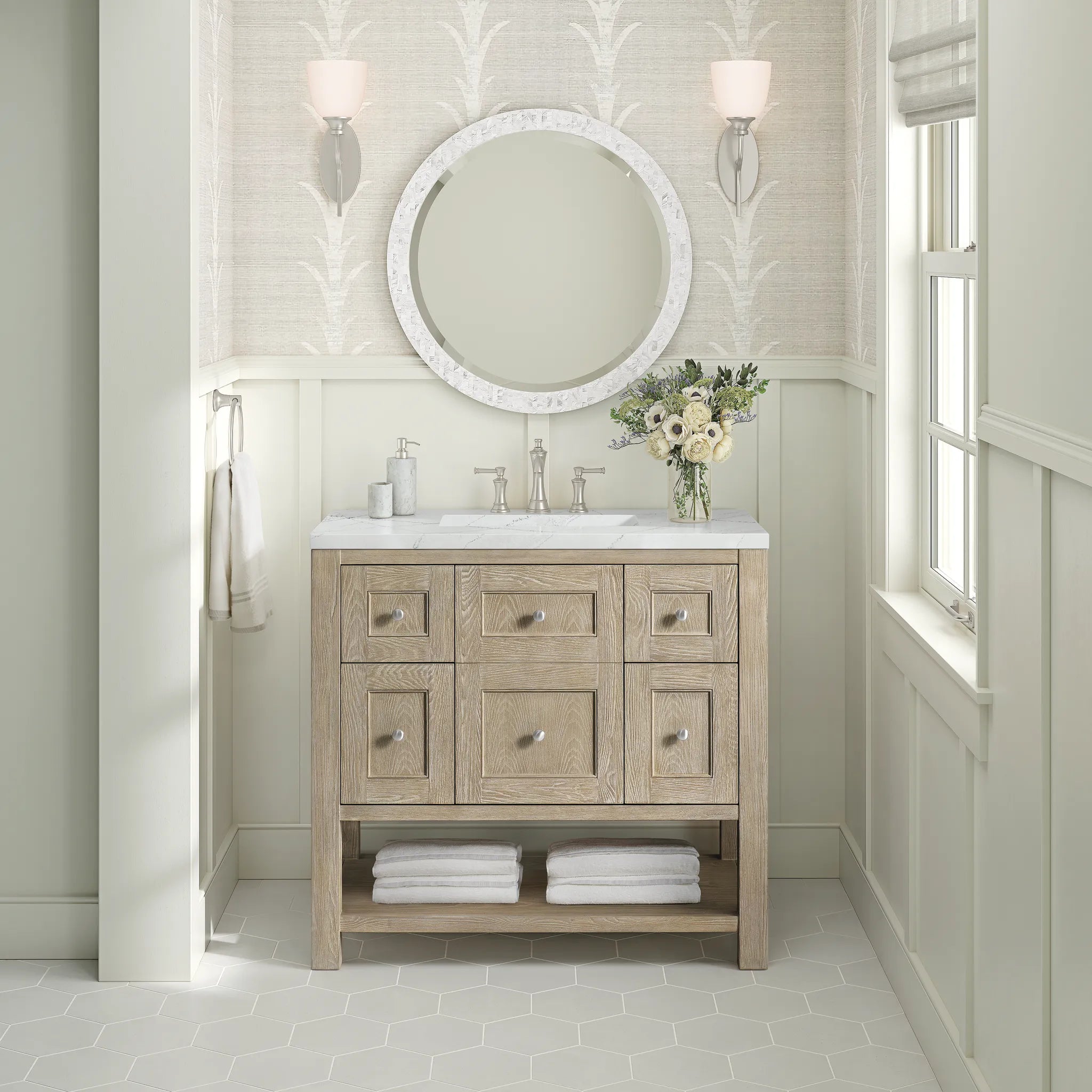 36" Breckenridge Single Vanity in Whitewashed Oak-Ethereal Noctis Silestone-8" Widespread image 2