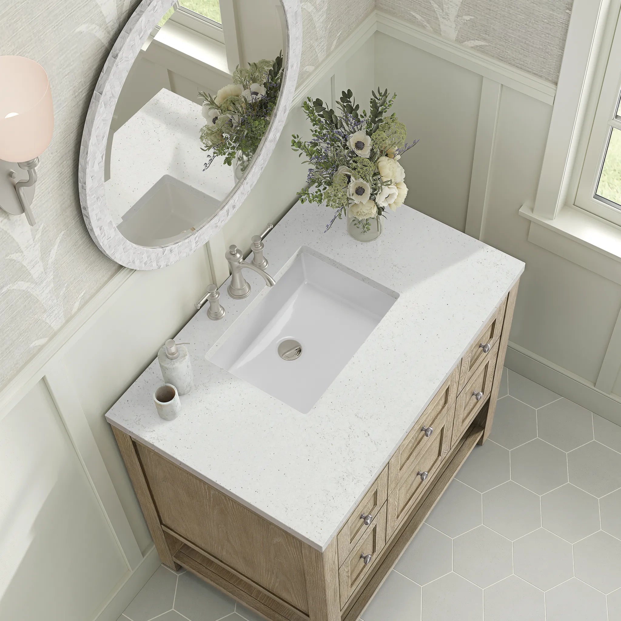 36" Breckenridge Single Vanity in Whitewashed Oak-Lime Delight Silestone-8" Widespread image 6