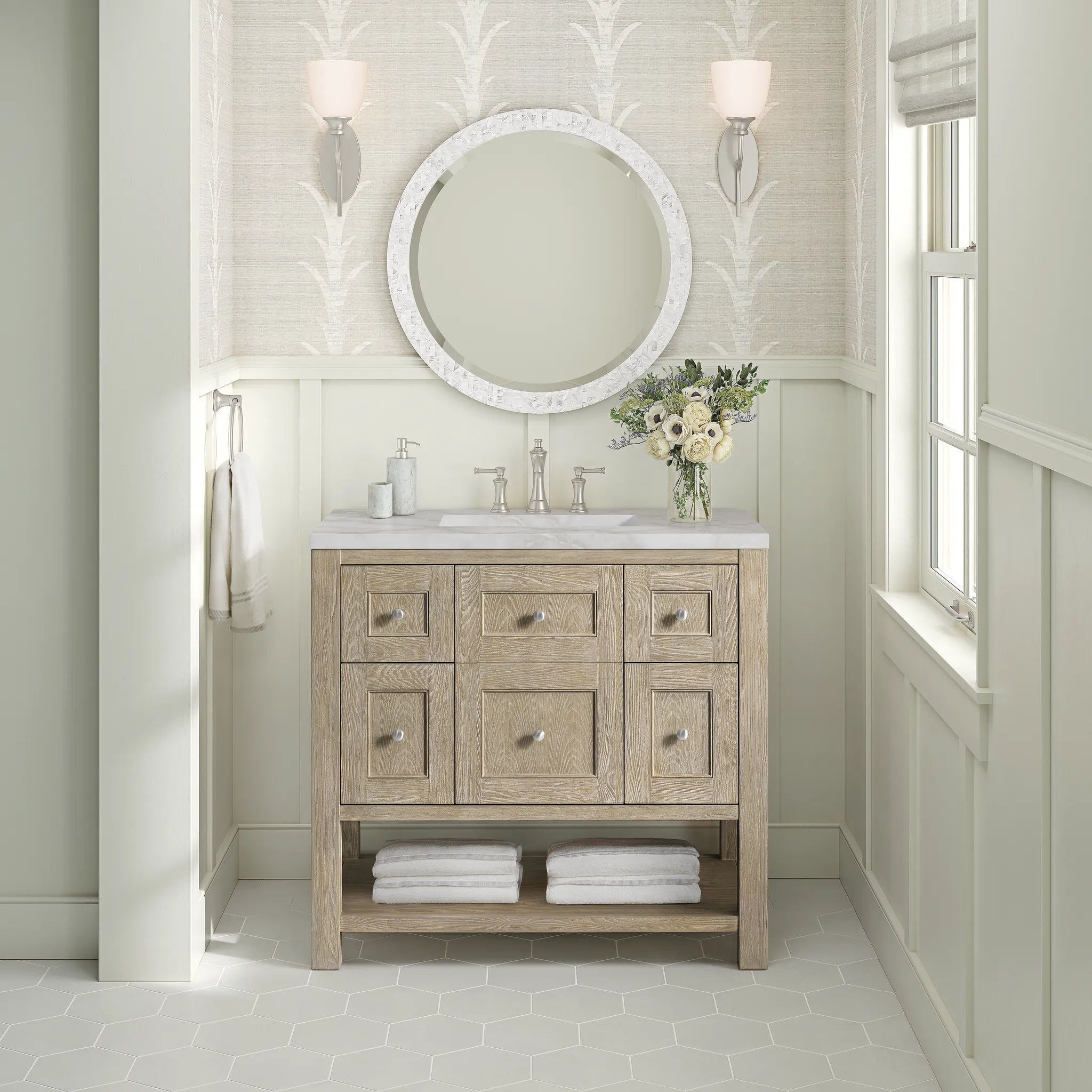 36" Breckenridge Single Vanity in Whitewashed Oak-Victorian Silver Silestone-8" Widespread image 2