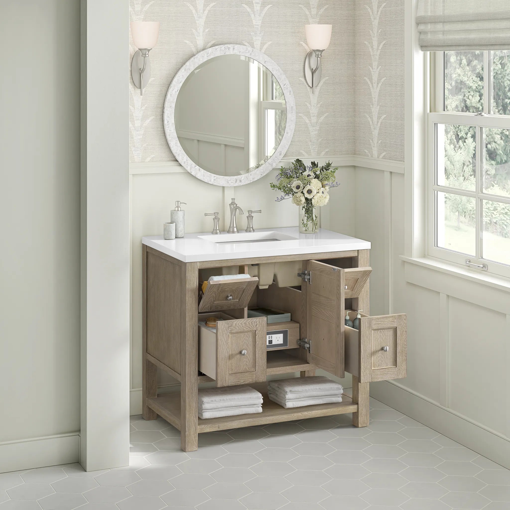 36" Breckenridge Single Vanity in Whitewashed Oak-White Zeus Silestone-8" Widespread image 4