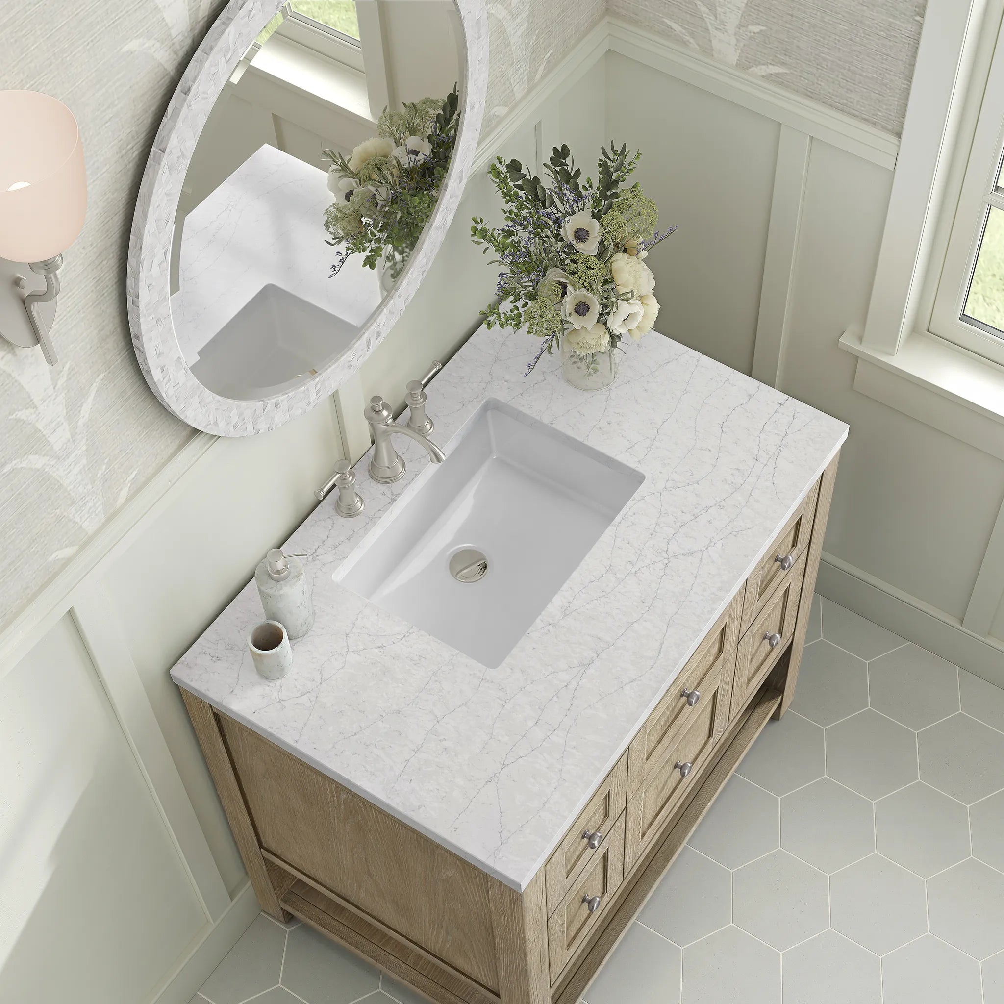 36" Breckenridge Single Vanity in Whitewashed Oak-White Zeus Silestone-8" Widespread image 6