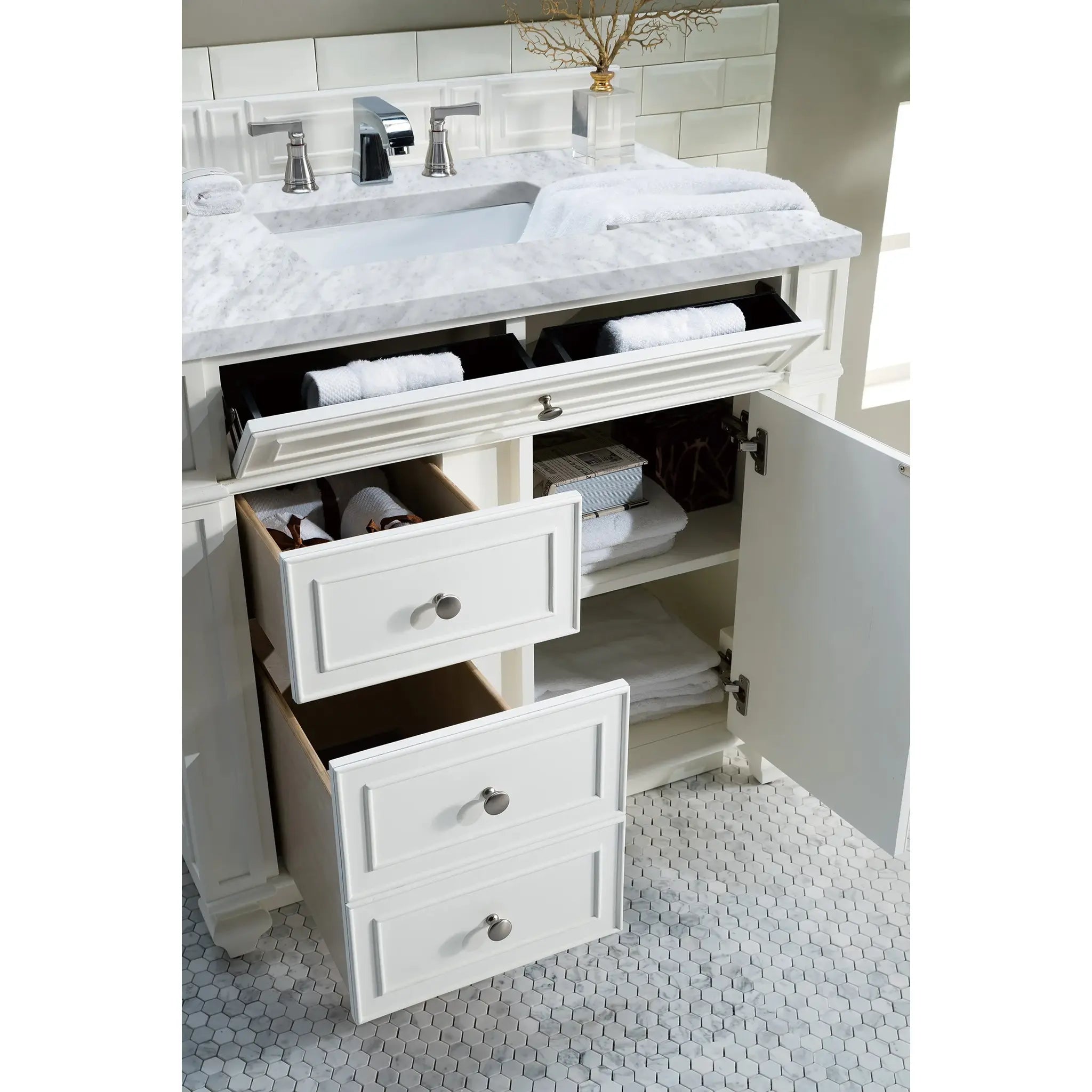 36" Bristol Single Vanity in Bright White-Carrara White Marble-8" Widespread image 3