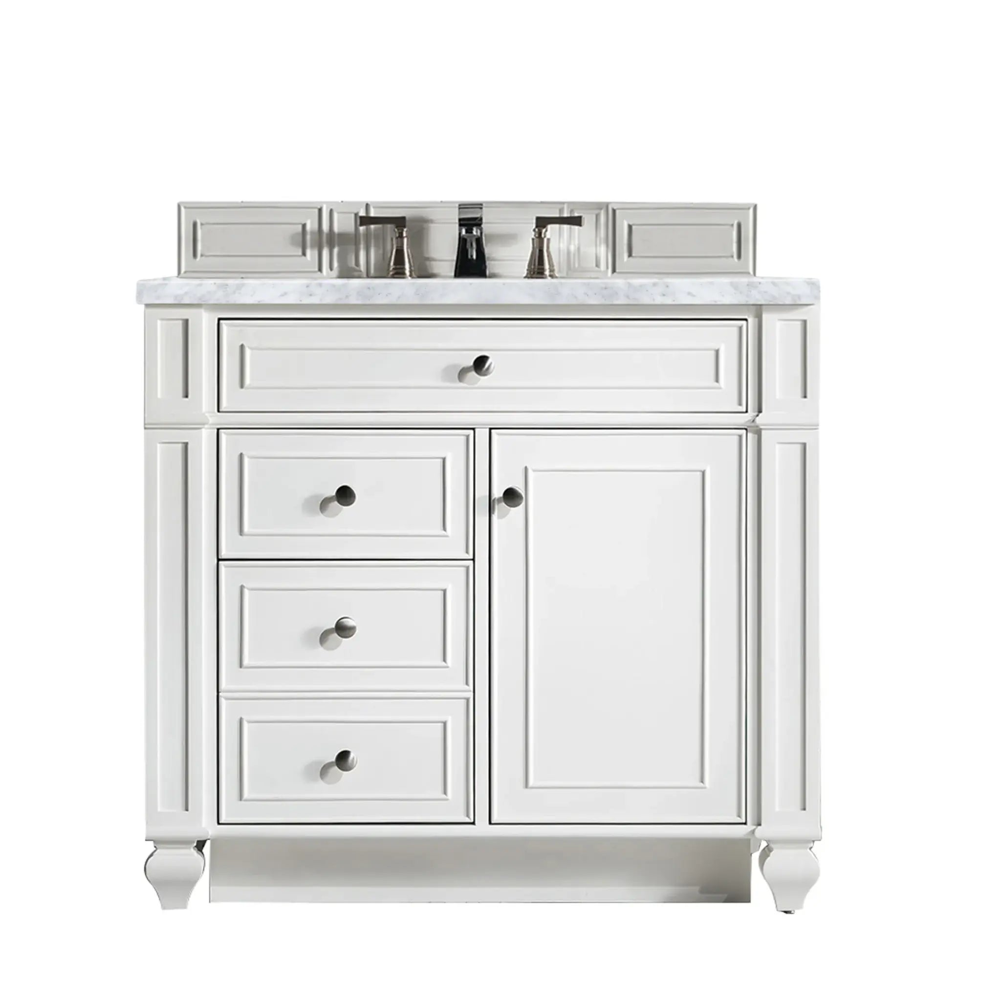36" Bristol Single Vanity in Bright White-Carrara White Marble-8" Widespread image