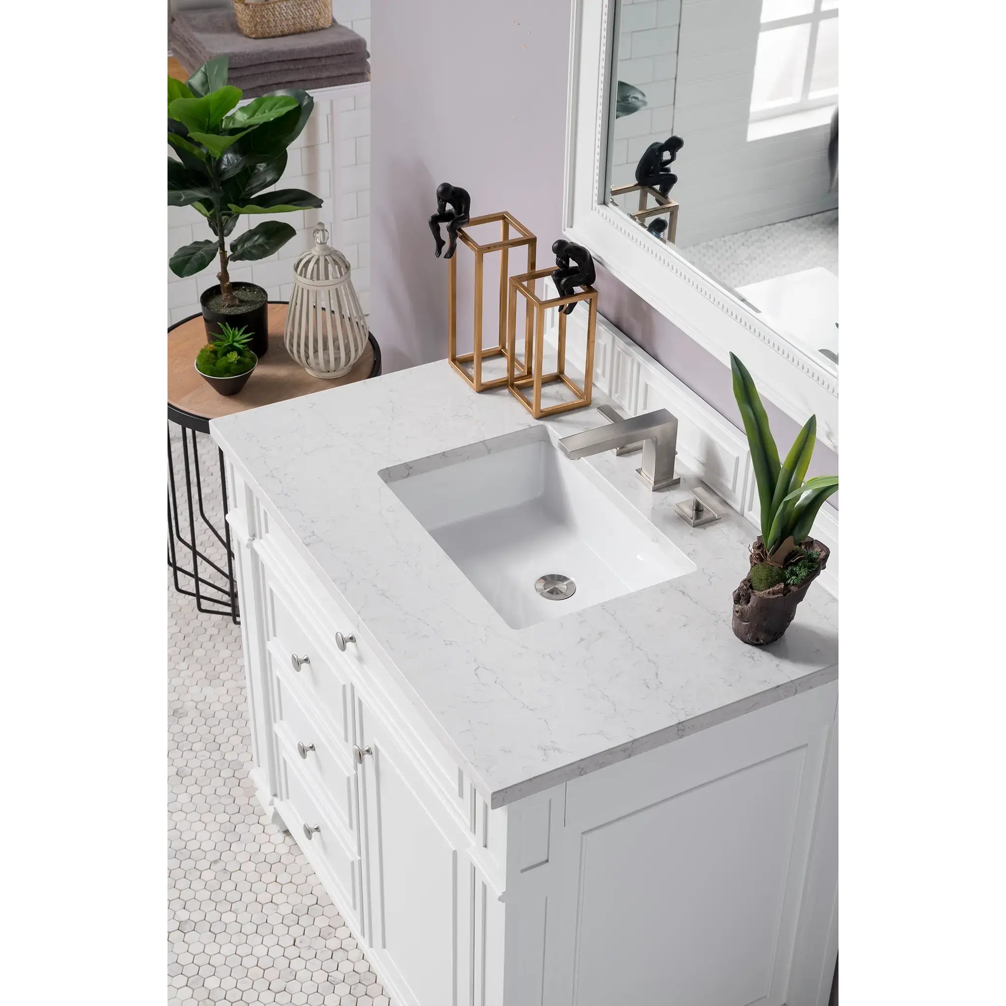 36" Bristol Single Vanity in Bright White-Eternal Jasmine Pearl Silestone-8" Widespread image 2