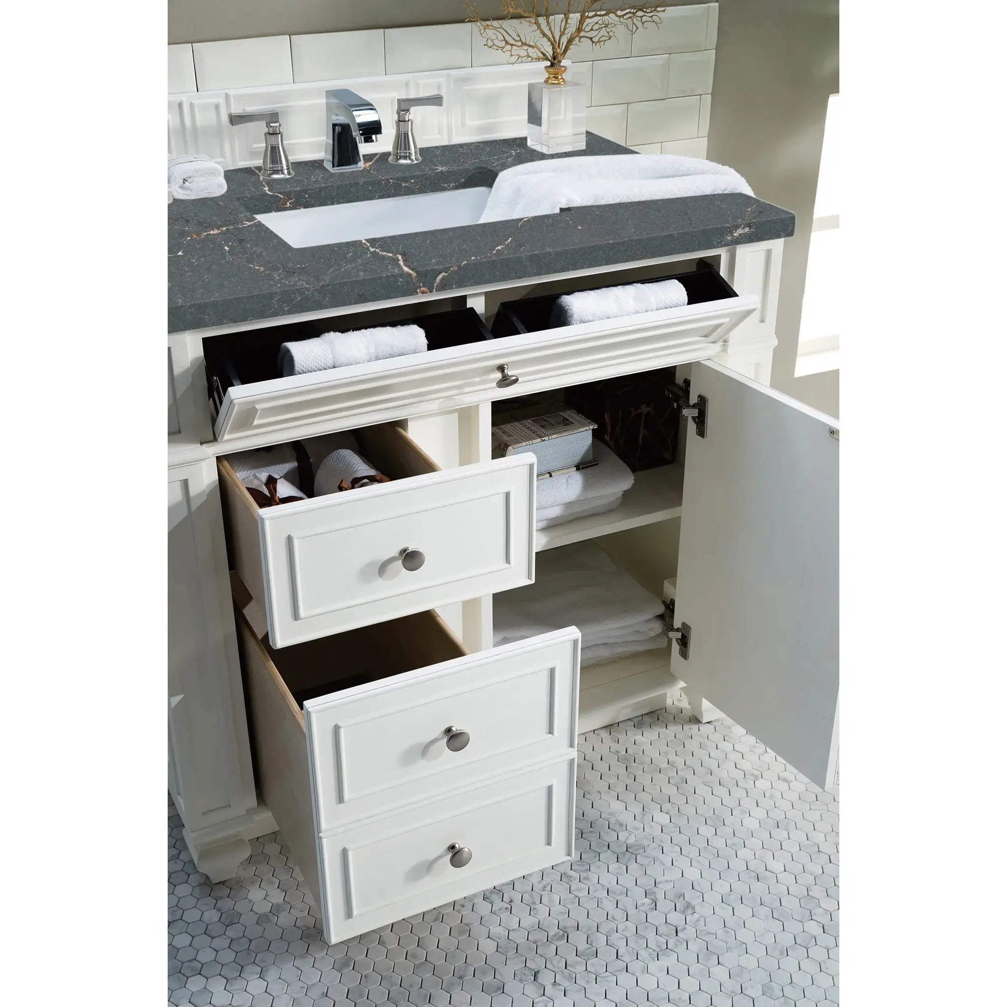 36" Bristol Single Vanity in Bright White-Parisien Bleu Silestone-8" Widespread image 3