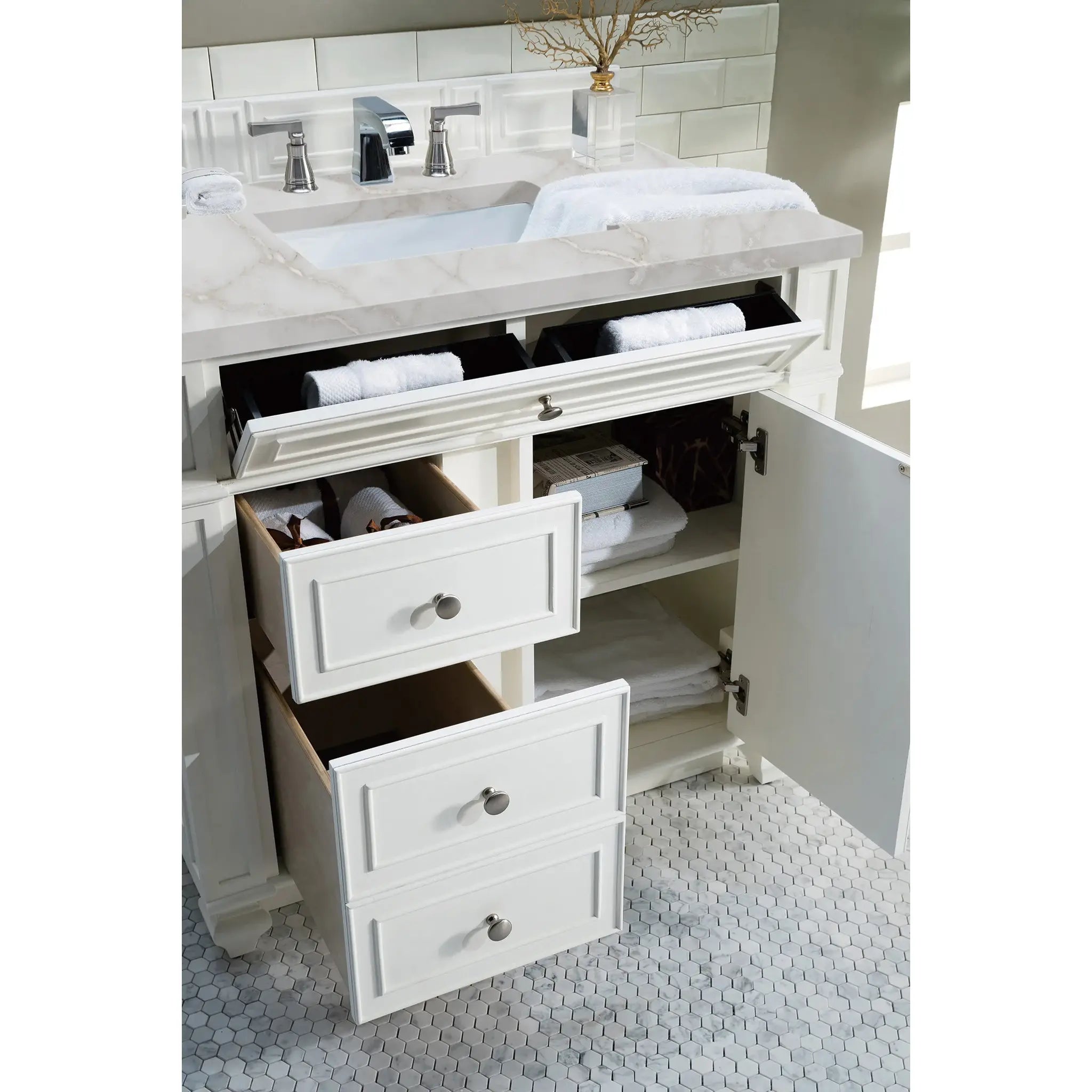 36" Bristol Single Vanity in Bright White-Victorian Silver Silestone-8" Widespread image 3