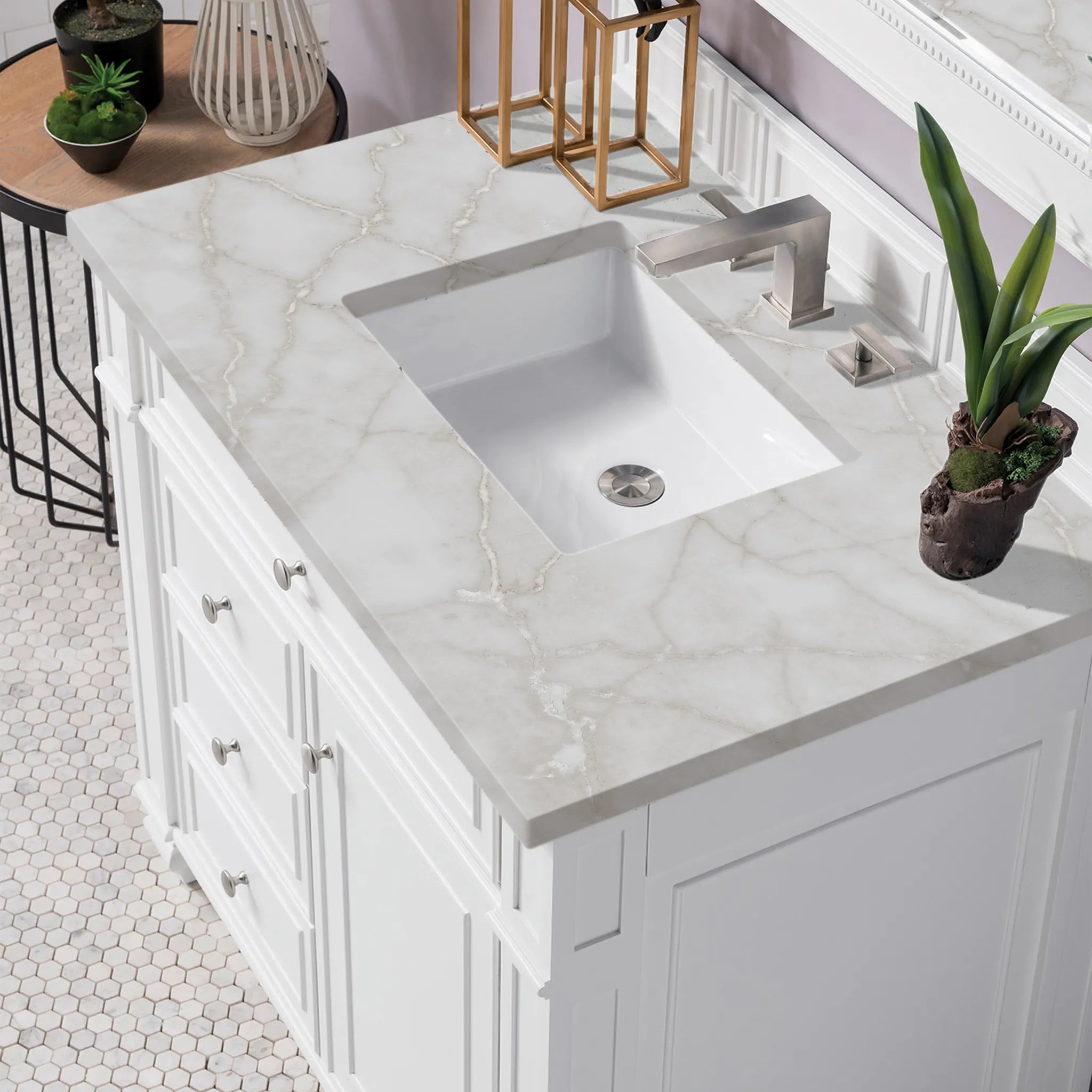 36" Bristol Single Vanity in Bright White-Victorian Silver Silestone-8" Widespread image 4