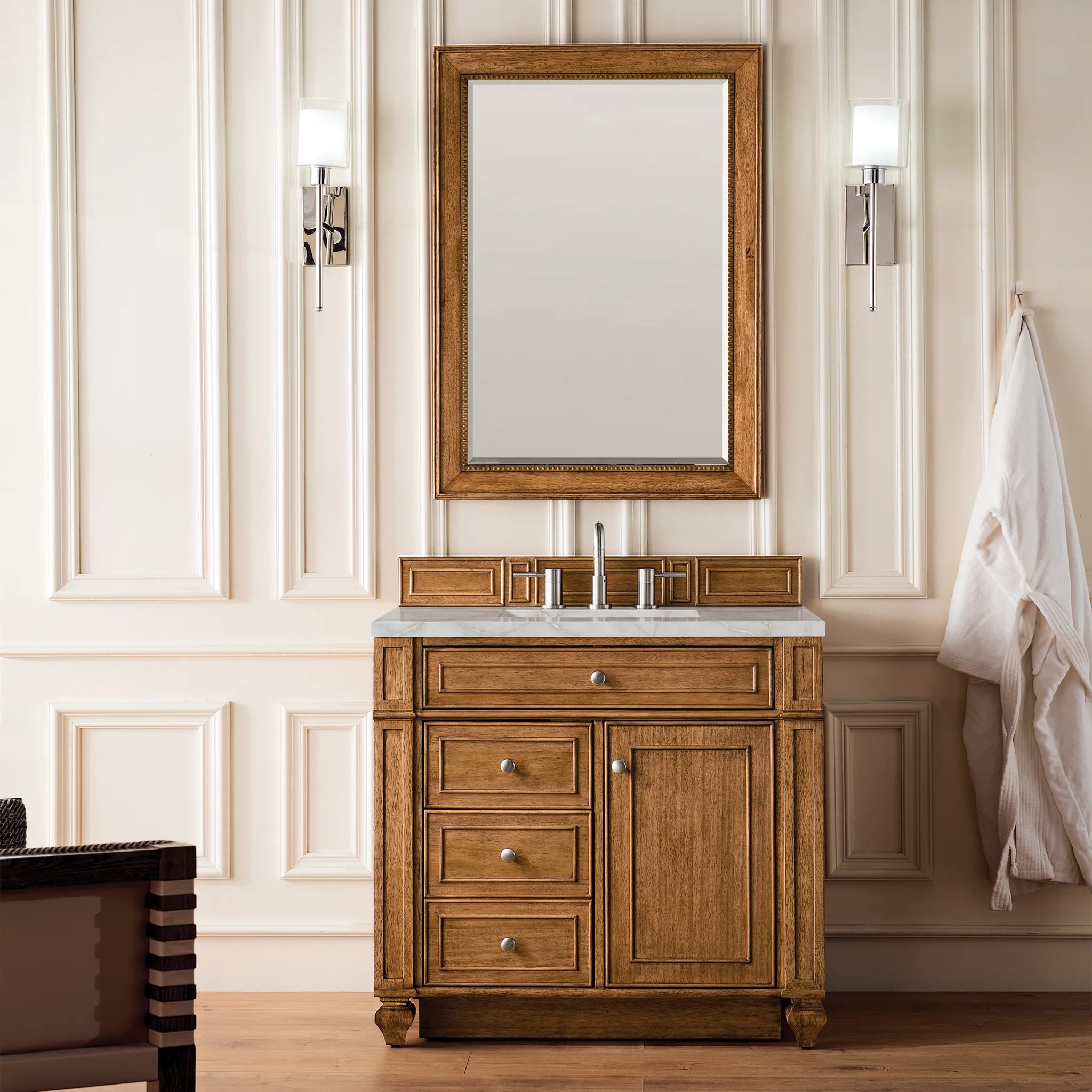 36" Bristol Single Vanity in Saddle Brown-Victorian Silver Silestone-8" Widespread image 1