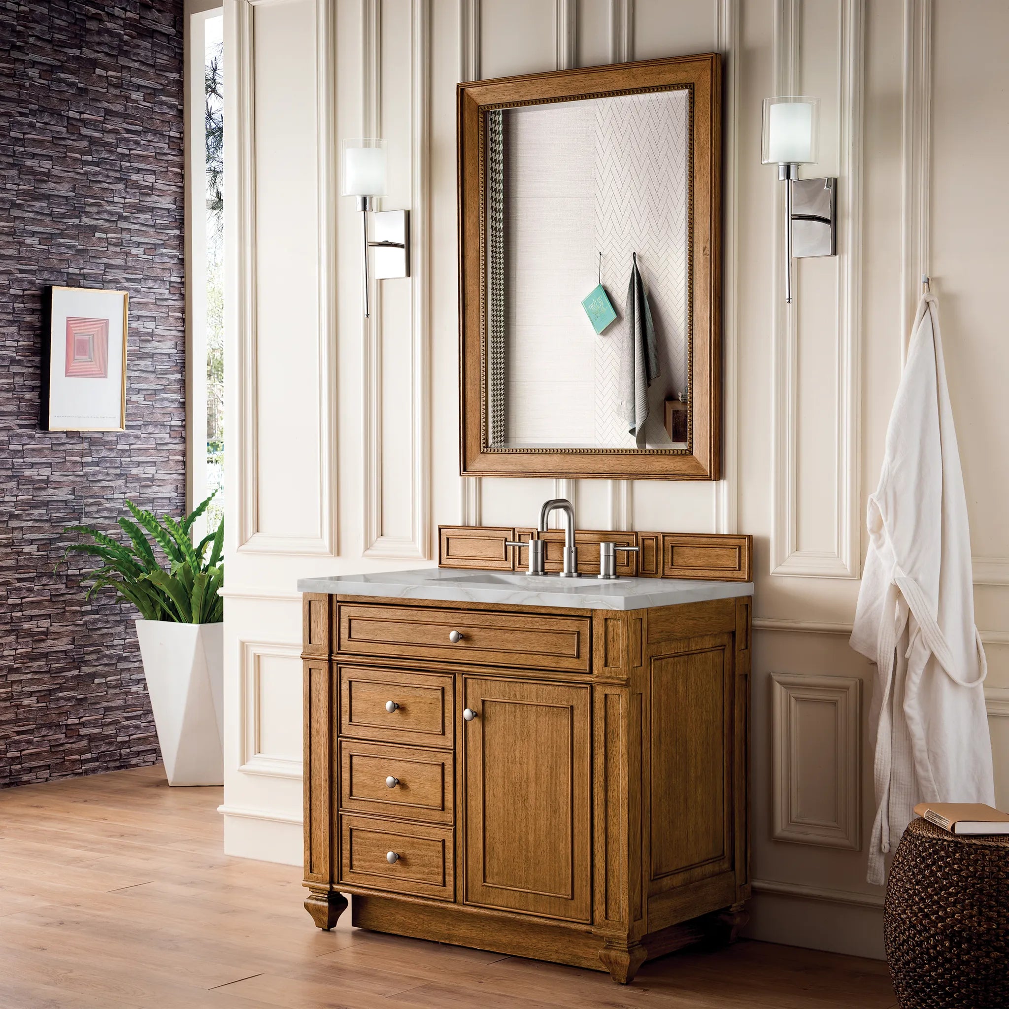 36" Bristol Single Vanity in Saddle Brown-Victorian Silver Silestone-8" Widespread image 2