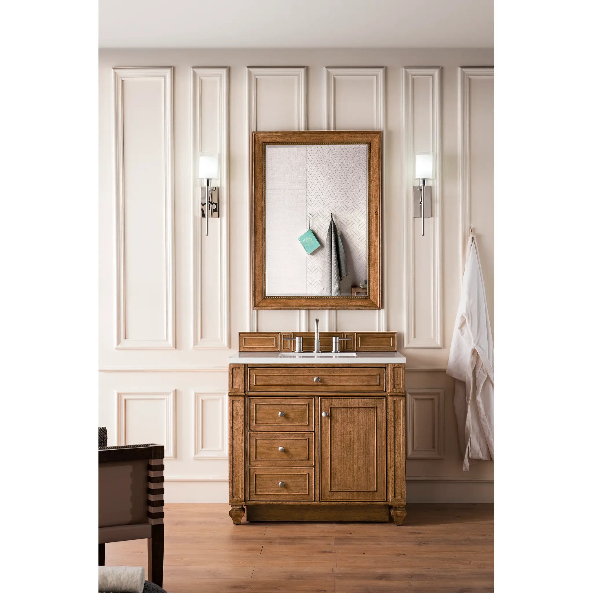36" Bristol Single Vanity in Saddle Brown-White Zeus Silestone-8" Widespread image 1