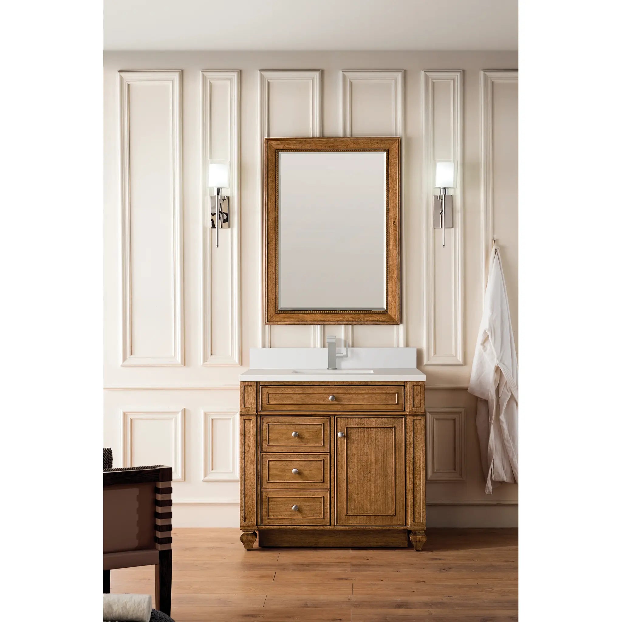 36" Bristol Single Vanity in Saddle Brown-White Zeus Silestone & Backsplash-Single Hole image 1