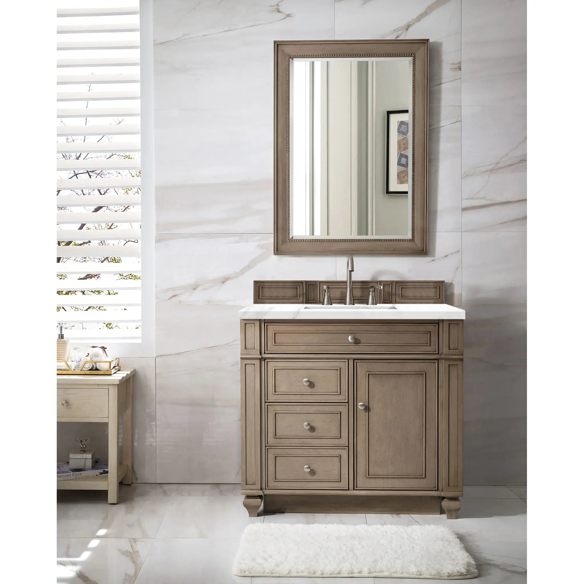 36" Bristol Single Vanity in Whitewashed Walnut-Carrara White Marble-8" Widespread image 2
