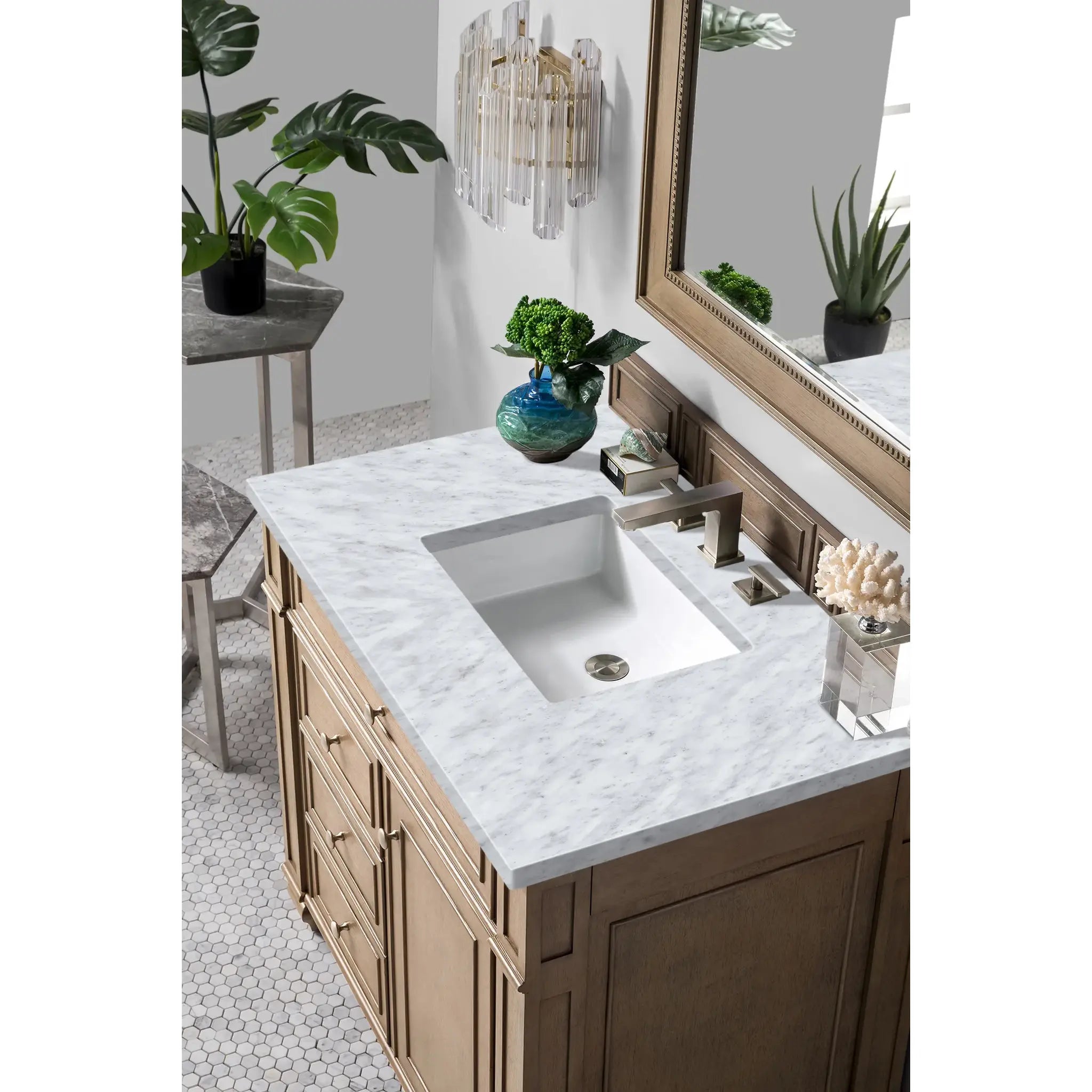 36" Bristol Single Vanity in Whitewashed Walnut-Carrara White Marble-8" Widespread image 3