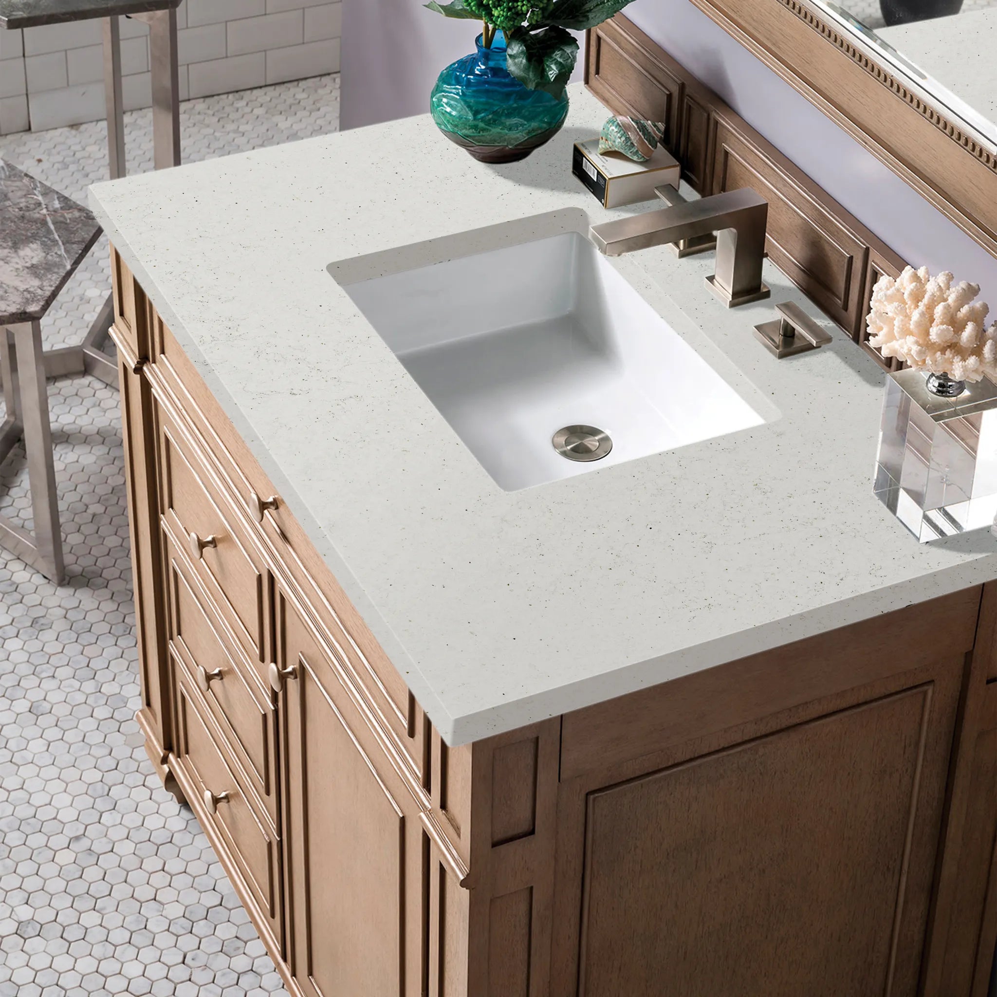 36" Bristol Single Vanity in Whitewashed Walnut-Lime Delight Silestone-8" Widespread image 3