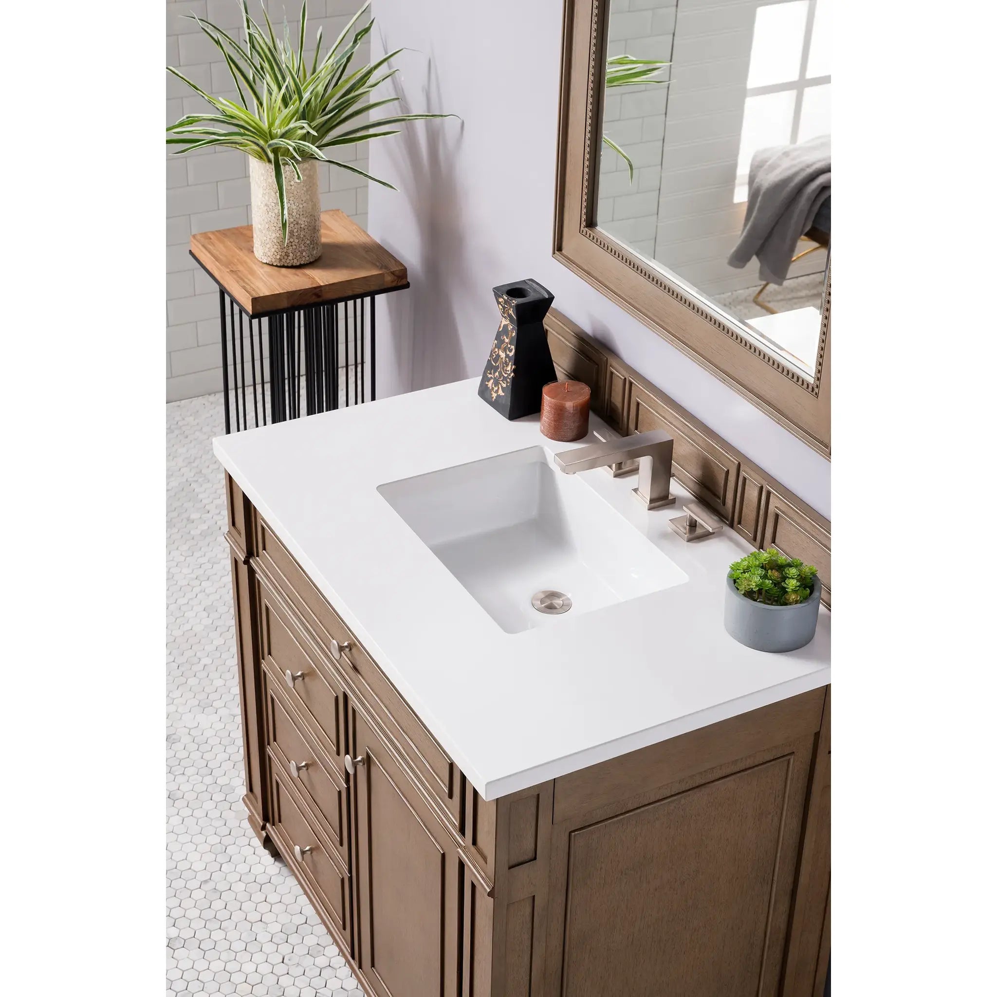 36" Bristol Single Vanity in Whitewashed Walnut-White Zeus Silestone-8" Widespread image 1