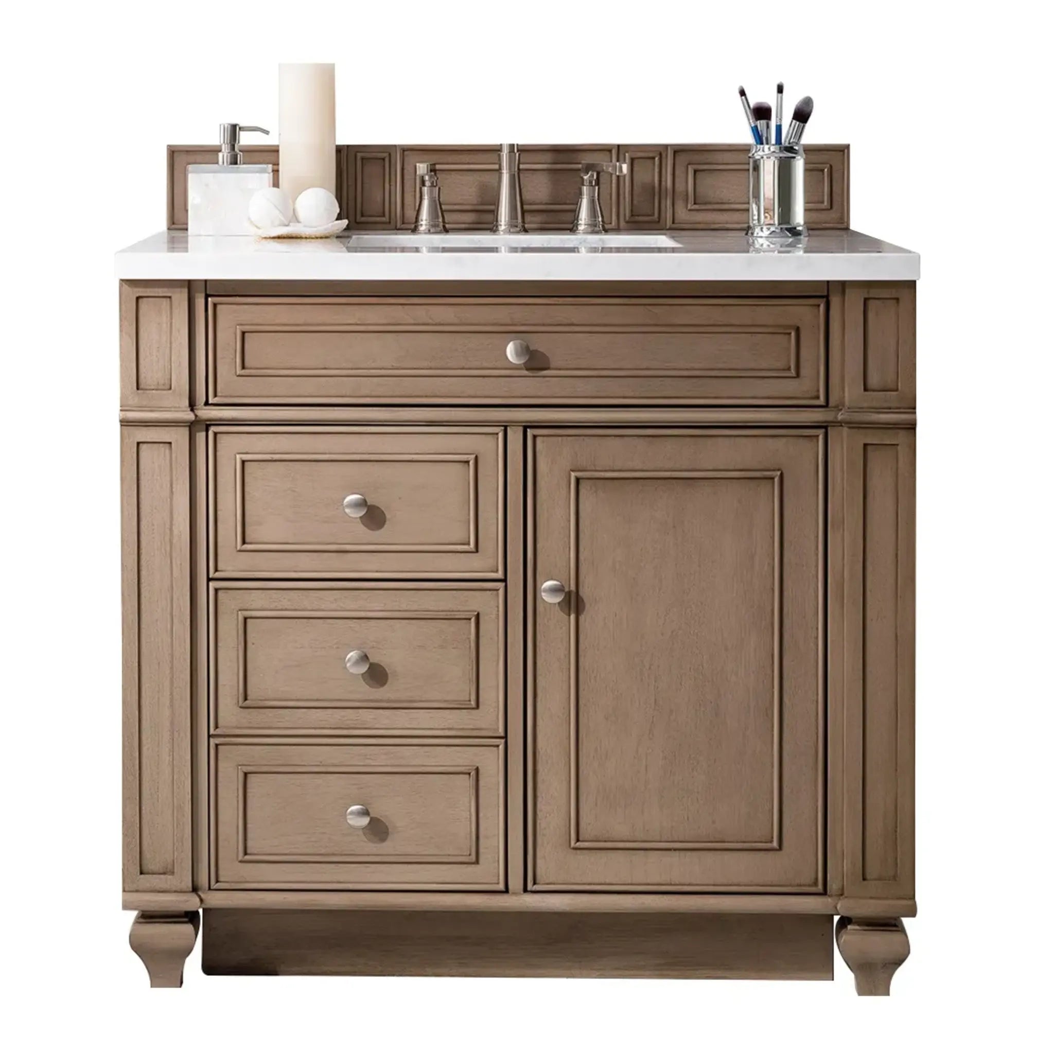 36" Bristol Single Vanity in Whitewashed Walnut-White Zeus Silestone-8" Widespread image