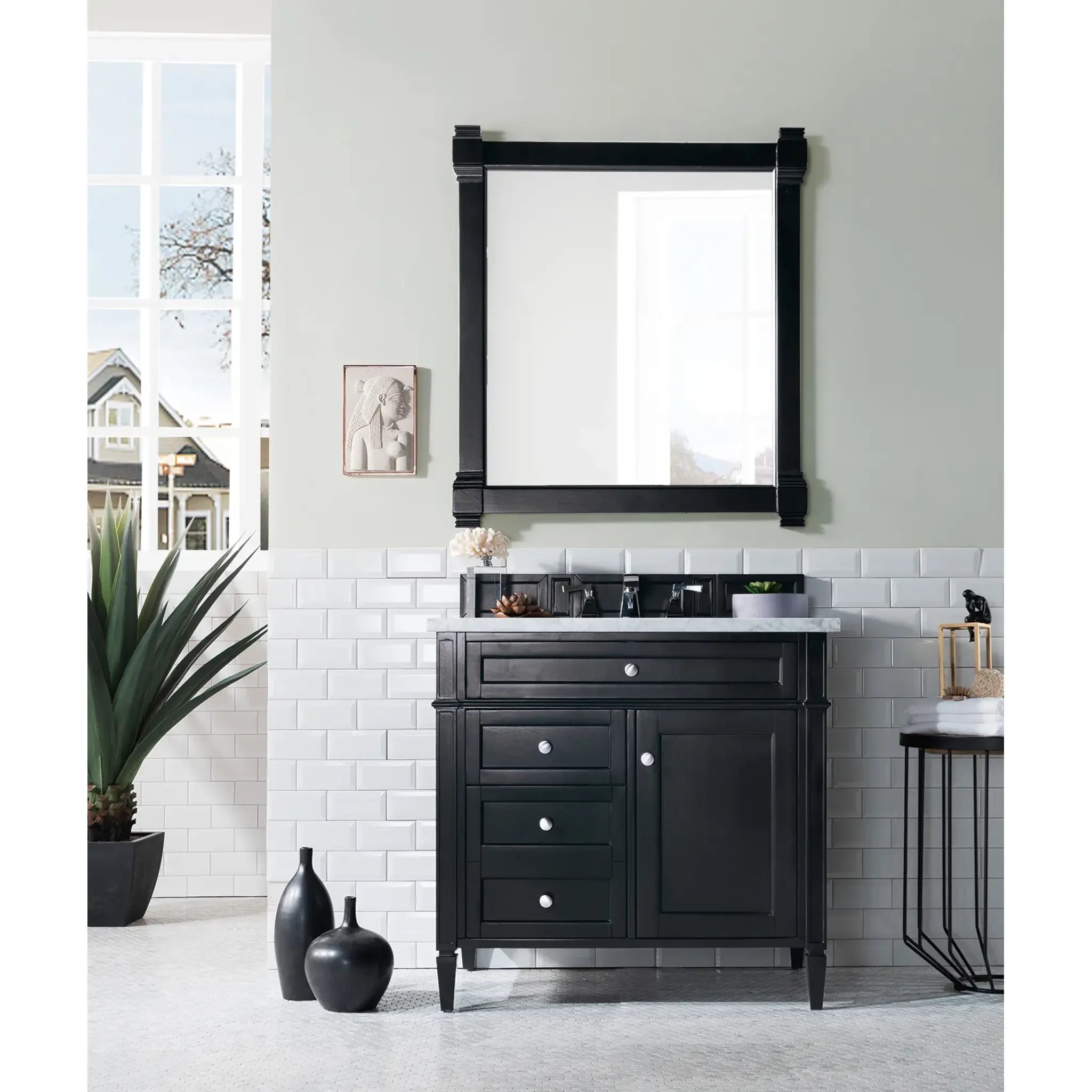 36" Brittany Single Vanity in Black Onyx-Carrara White Marble-8" Widespread image 1