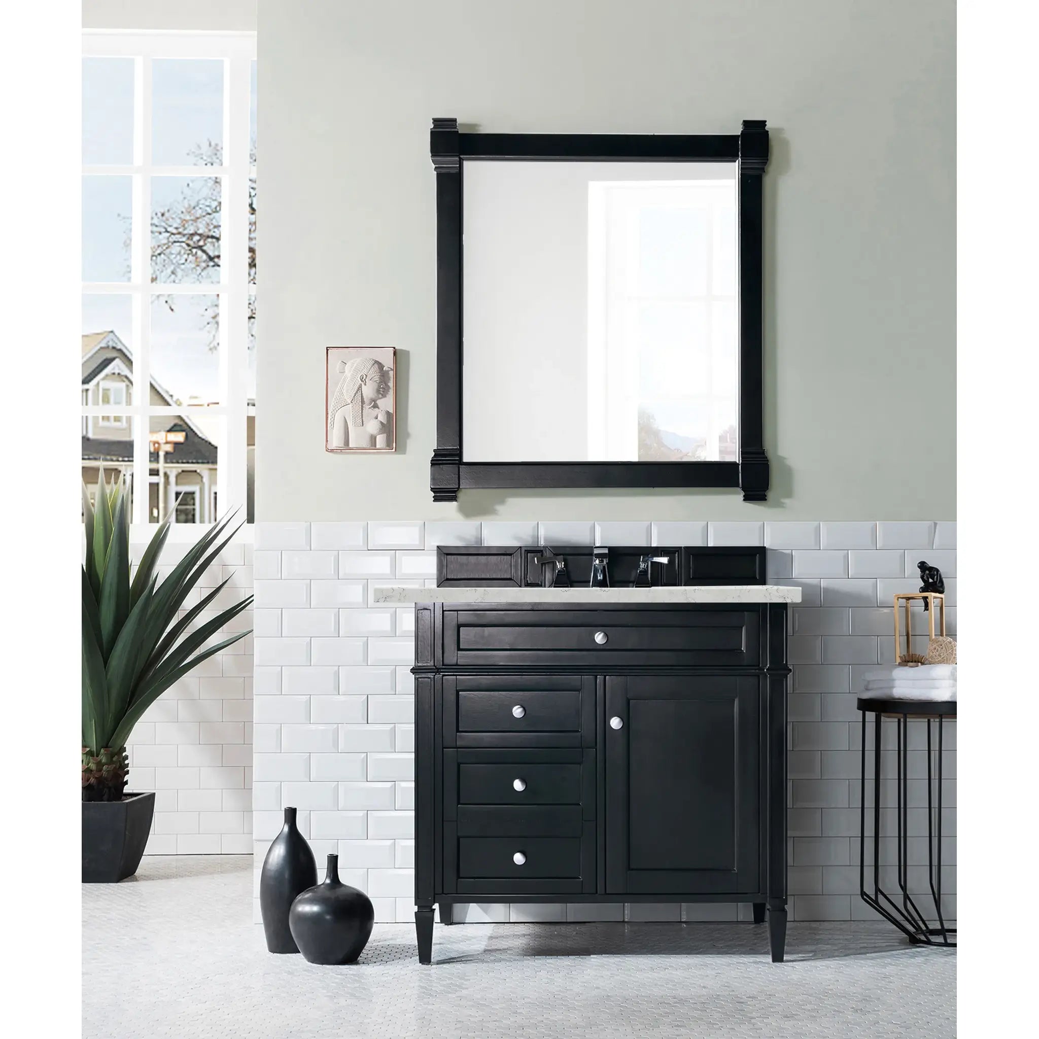 36" Brittany Single Vanity in Black Onyx-Eternal Jasmine Pearl Silestone-8" Widespread image 1