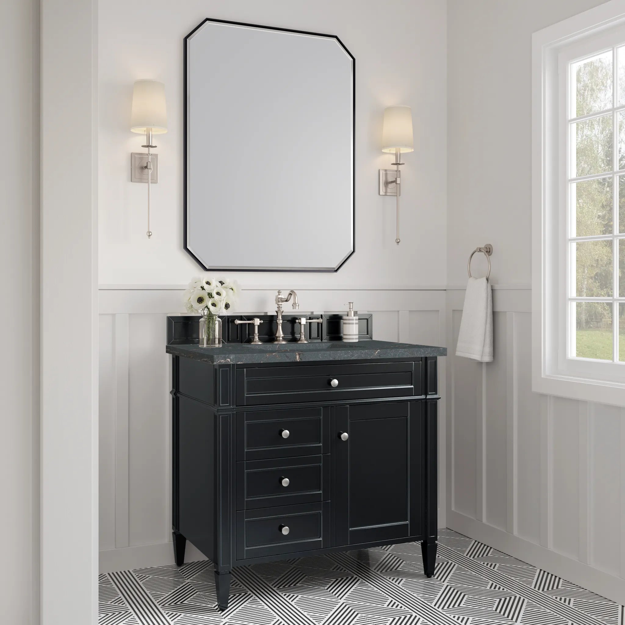 36" Brittany Single Vanity in Black Onyx-Parisien Bleu Silestone-8" Widespread image 2