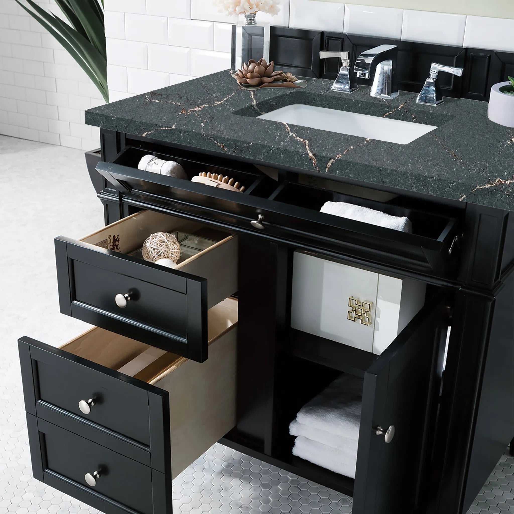 36" Brittany Single Vanity in Black Onyx-Parisien Bleu Silestone-8" Widespread image 3