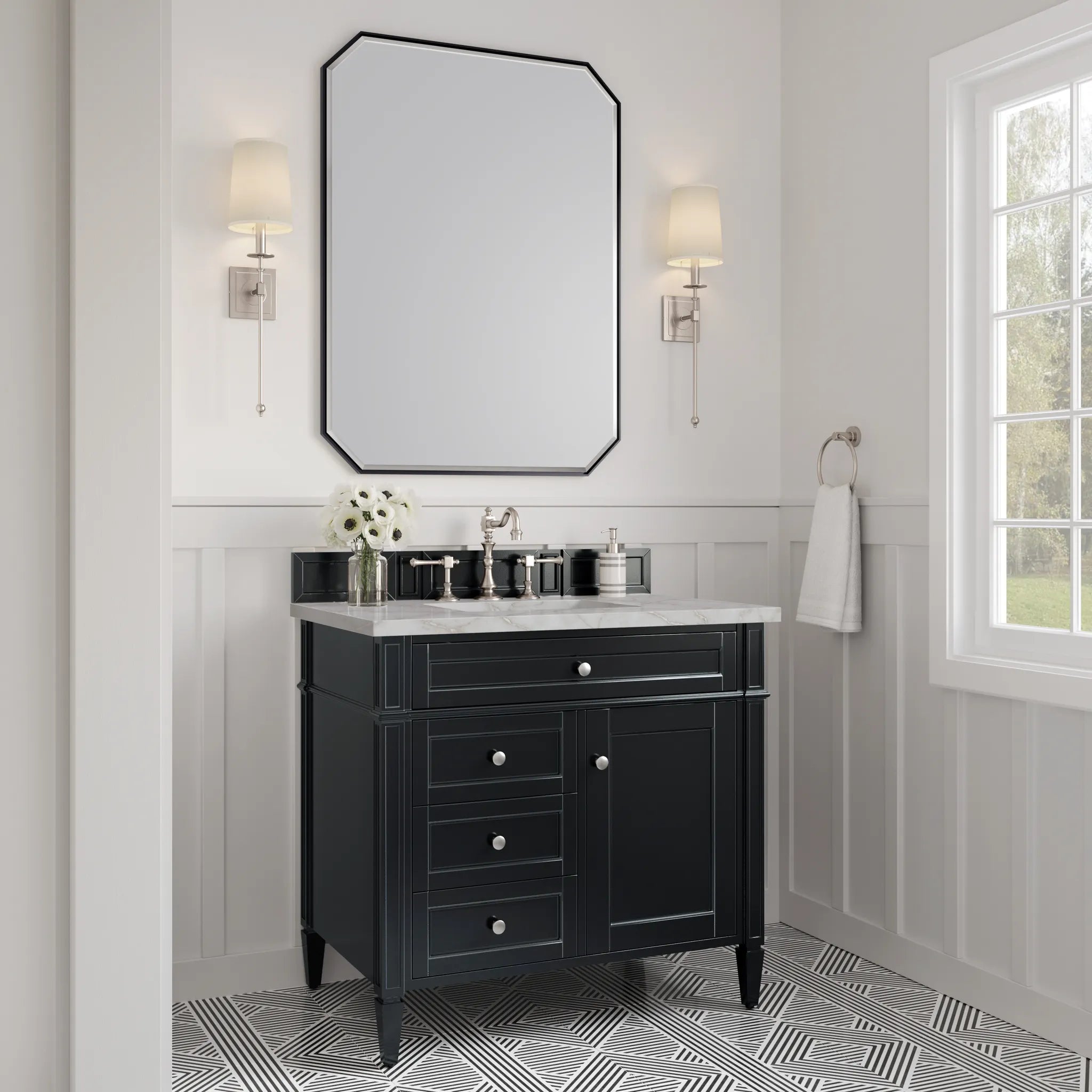 36" Brittany Single Vanity in Black Onyx-Victorian Silver Silestone-8" Widespread image 2