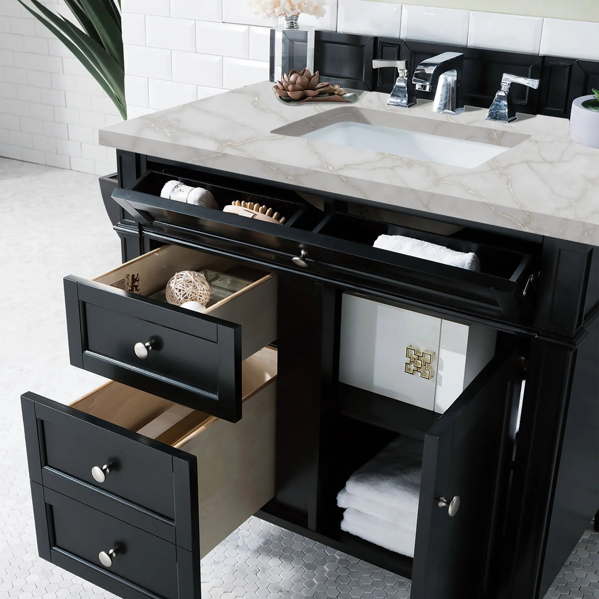 36" Brittany Single Vanity in Black Onyx-Victorian Silver Silestone-8" Widespread image 3