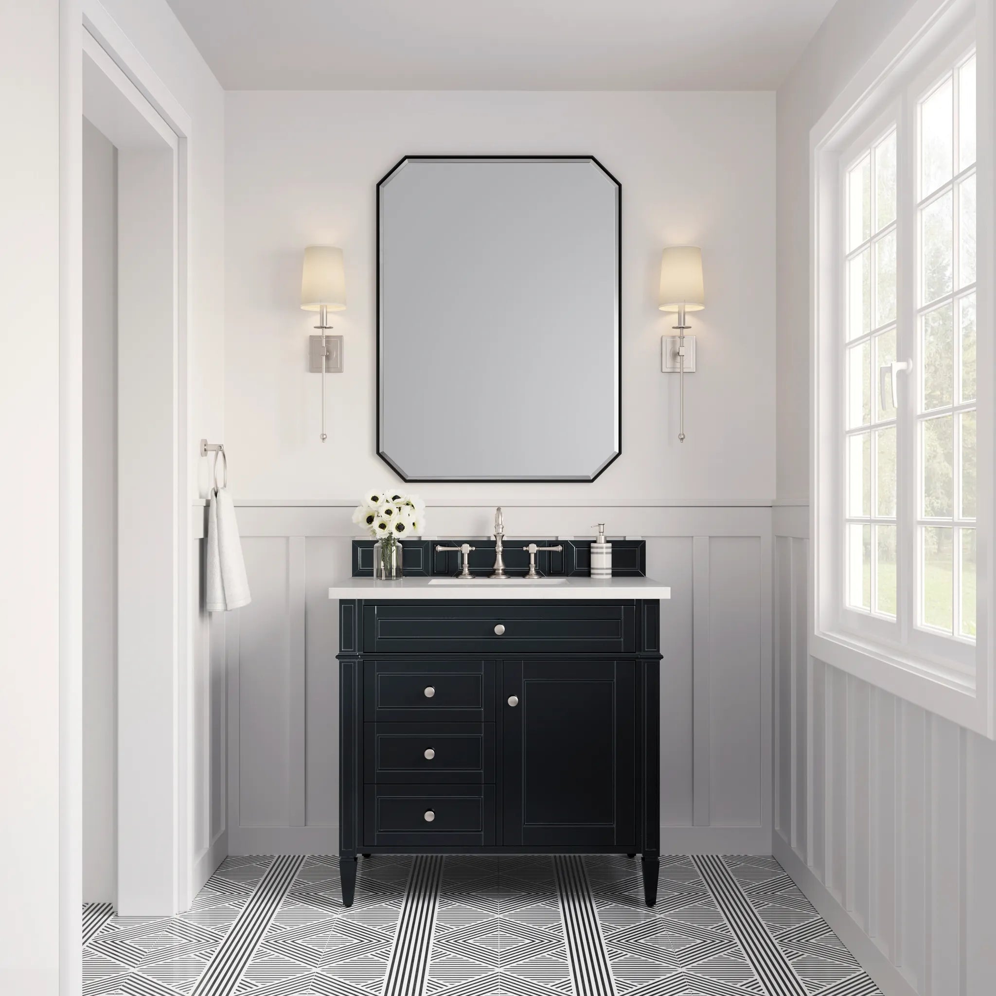 36" Brittany Single Vanity in Black Onyx-White Zeus Silestone-8" Widespread image