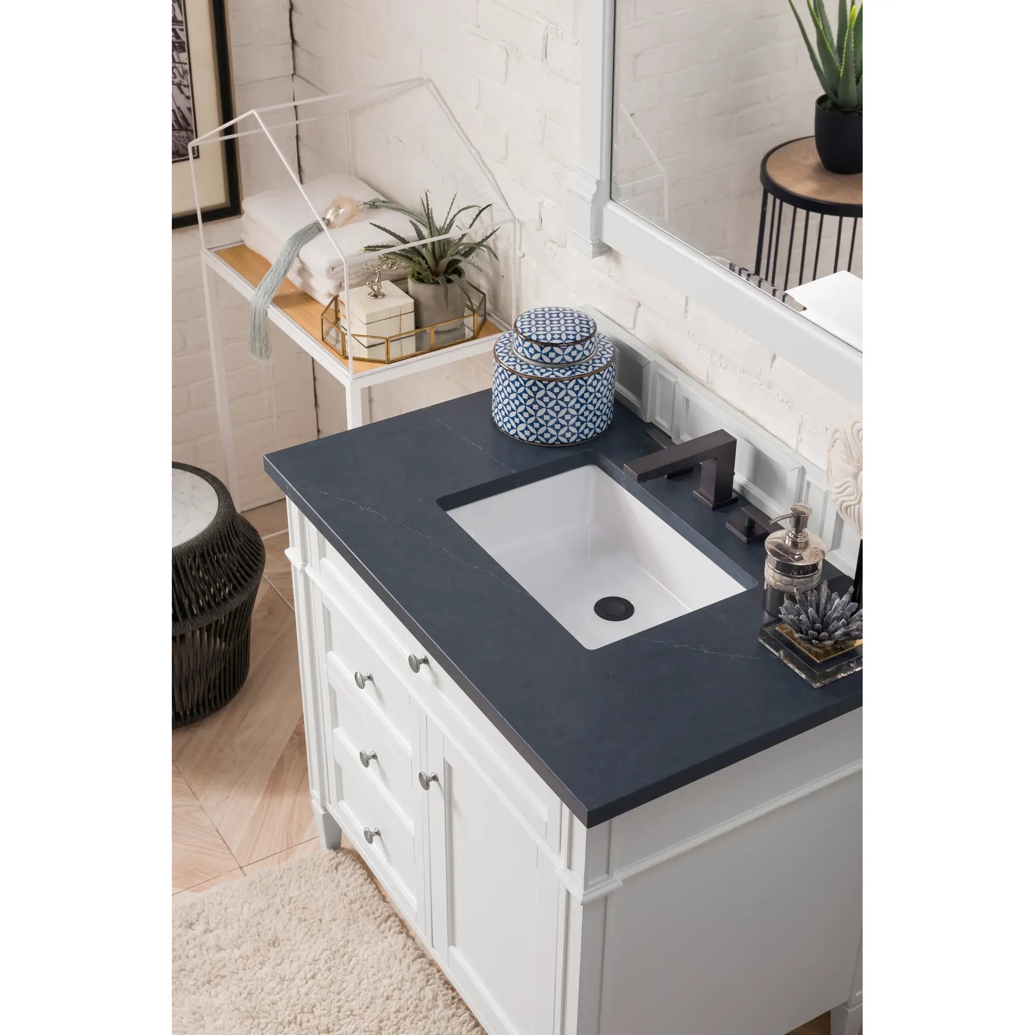 36" Brittany Single Vanity in Bright White-Charcoal Soapstone Silestone-8" Widespread image 2