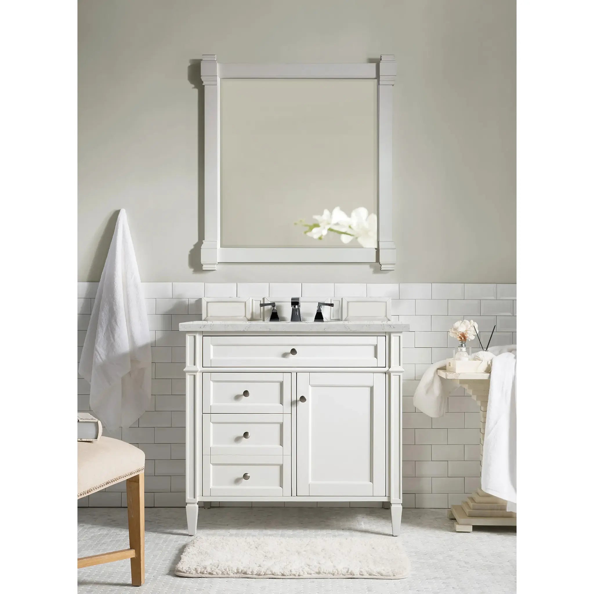 36" Brittany Single Vanity in Bright White-Eternal Jasmine Pearl Silestone-8" Widespread image 1