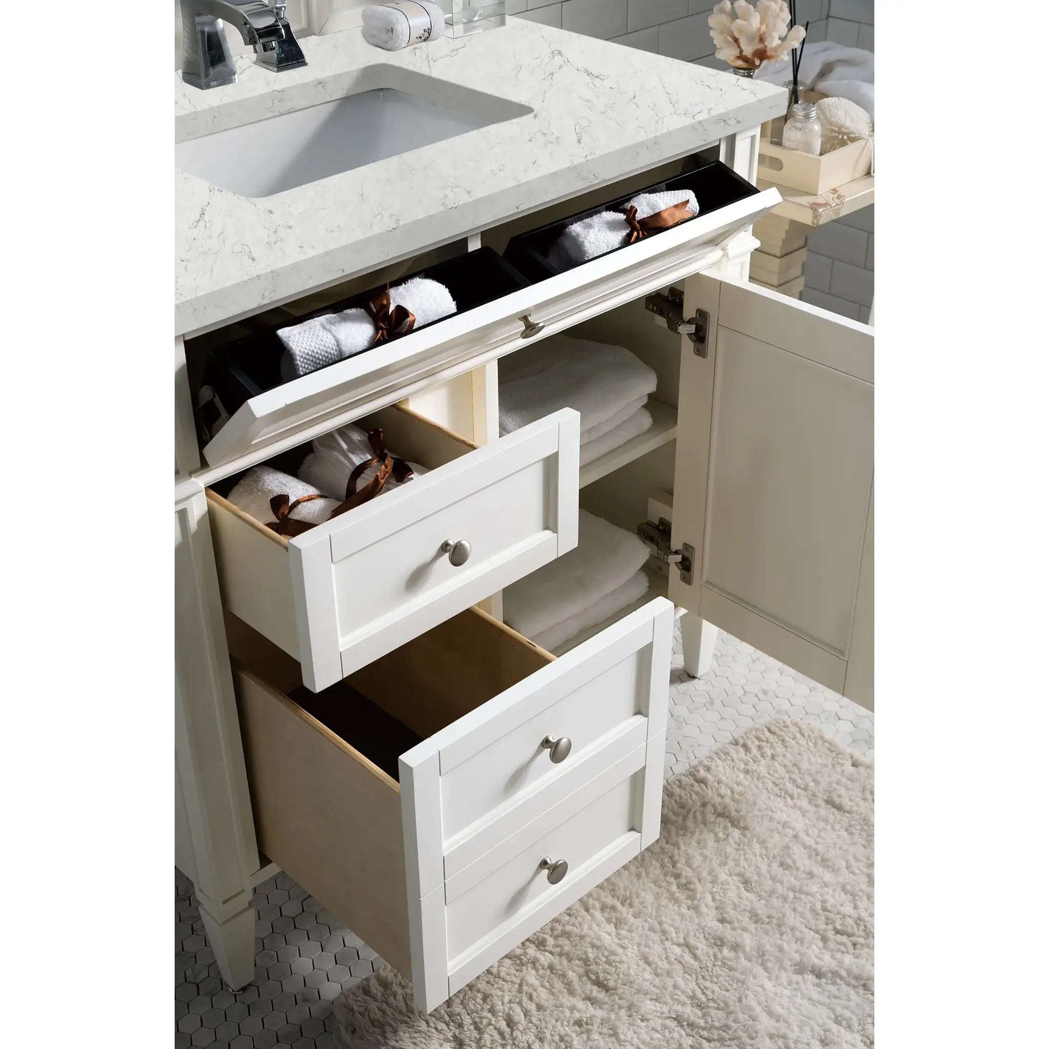 36" Brittany Single Vanity in Bright White-Eternal Jasmine Pearl Silestone-8" Widespread image 3
