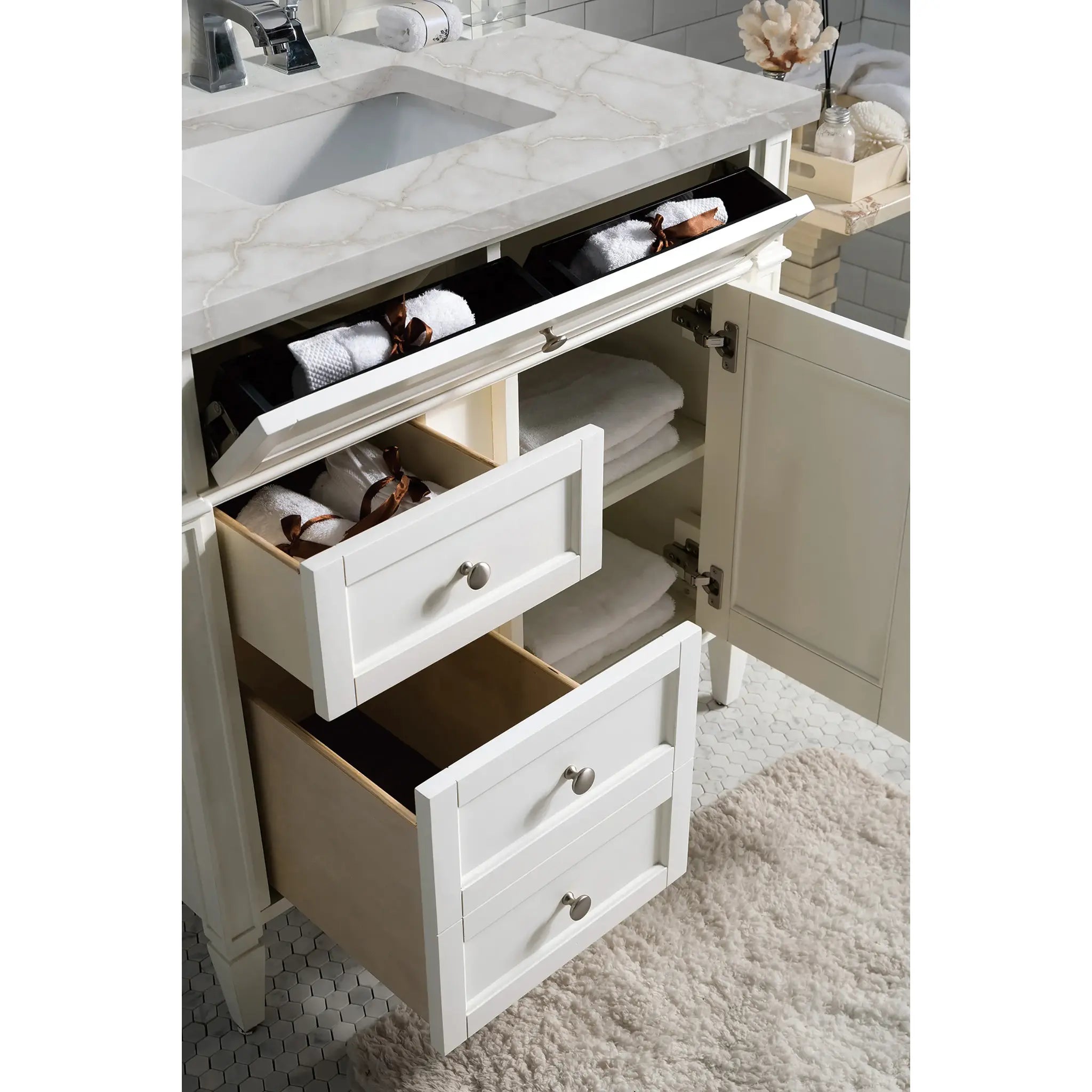 36" Brittany Single Vanity in Bright White-Victorian Silver Silestone-8" Widespread image 3