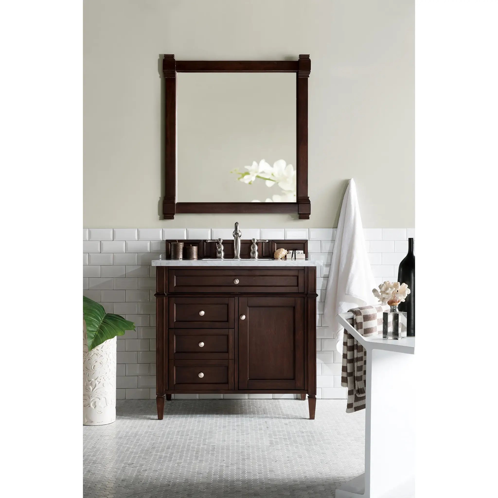 36" Brittany Single Vanity in Burnished Mahogany-Carrara White Marble-8" Widespread image 1