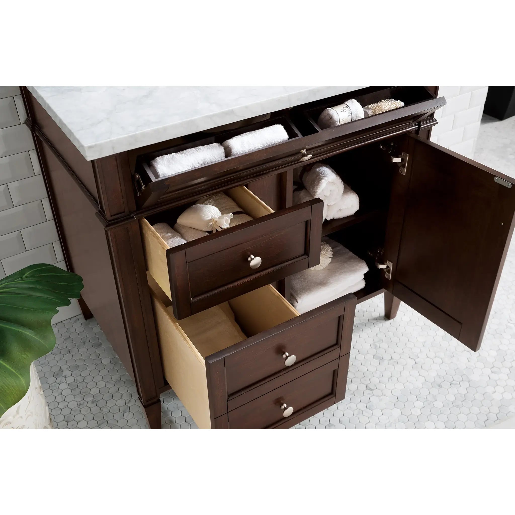 36" Brittany Single Vanity in Burnished Mahogany-Carrara White Marble-8" Widespread image 3