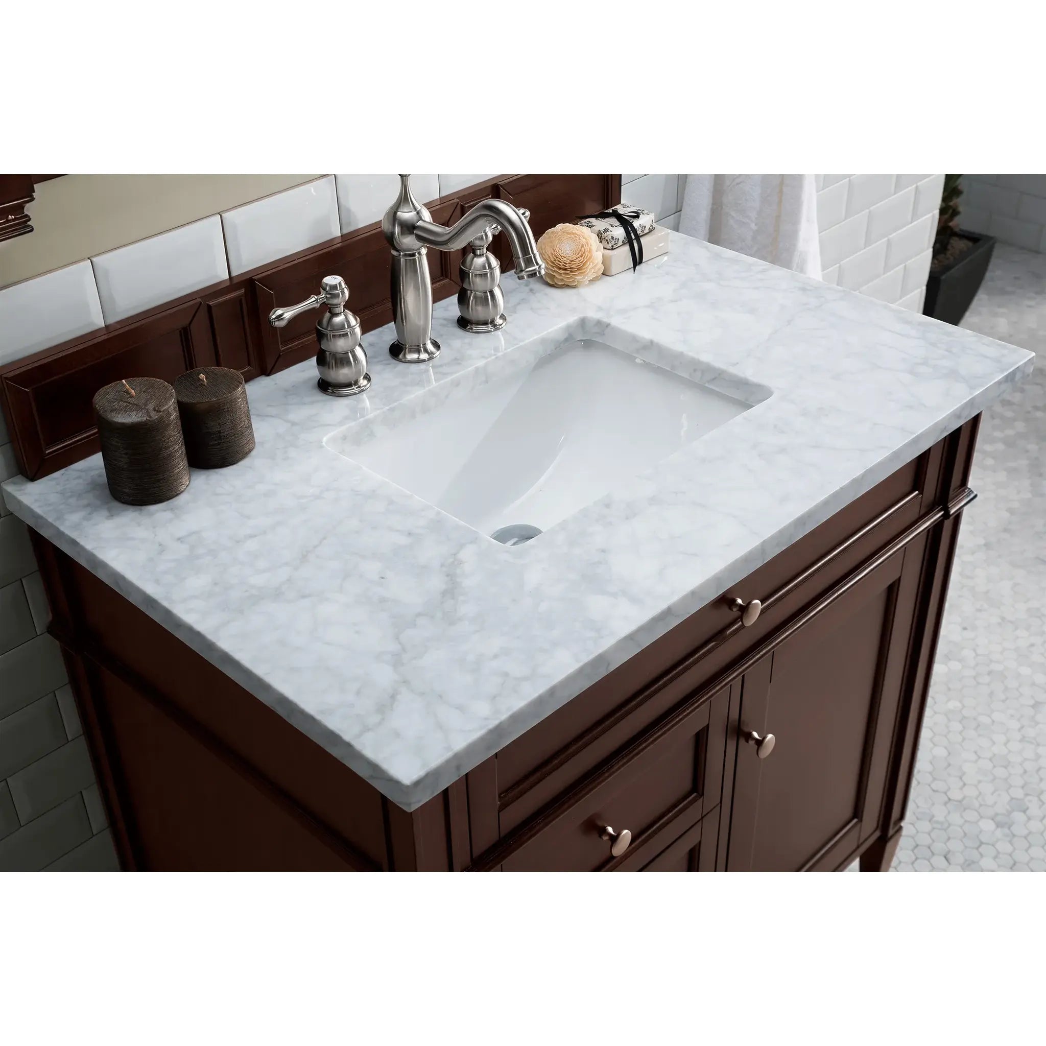 36" Brittany Single Vanity in Burnished Mahogany-Carrara White Marble-8" Widespread image 4
