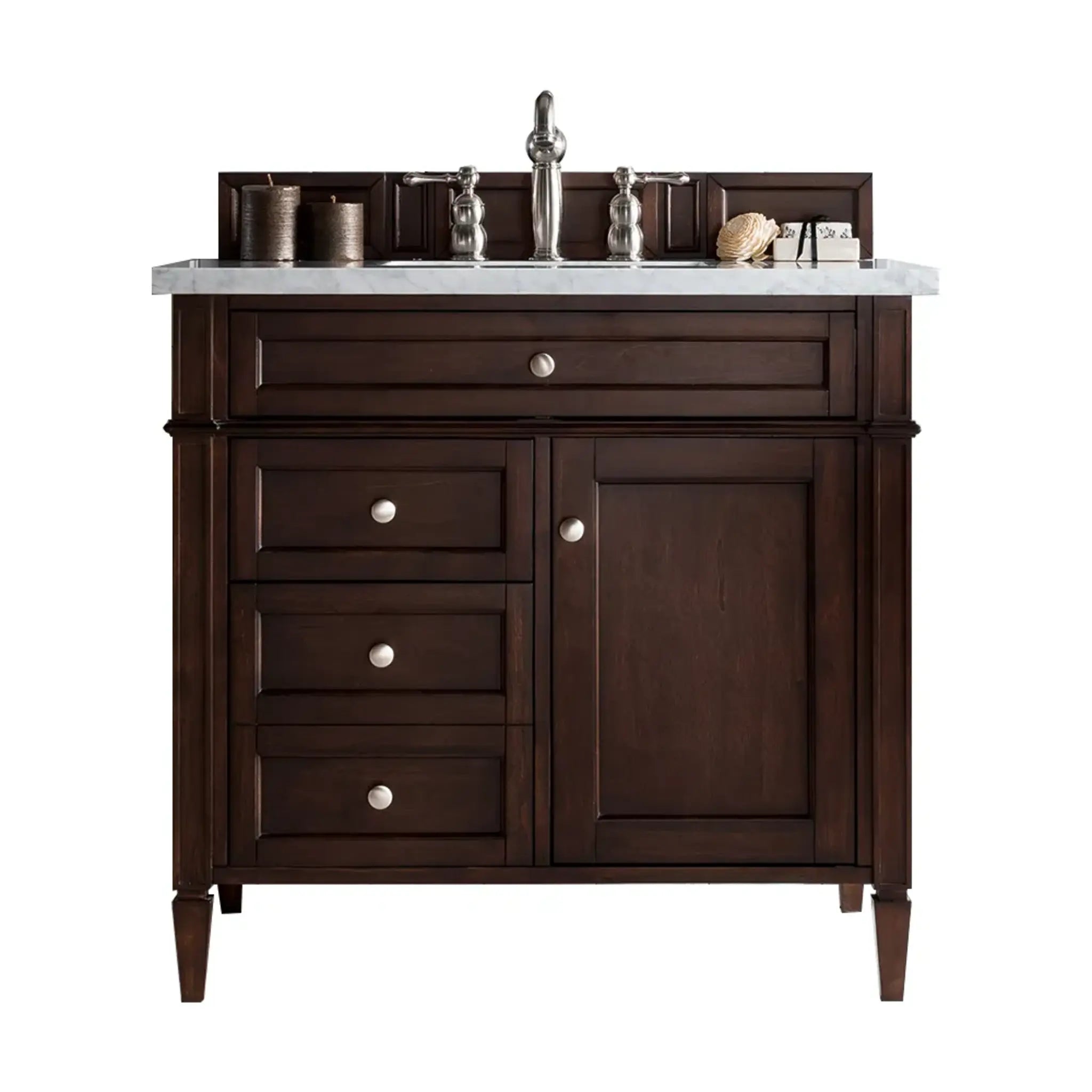 36" Brittany Single Vanity in Burnished Mahogany-Carrara White Marble-8" Widespread image