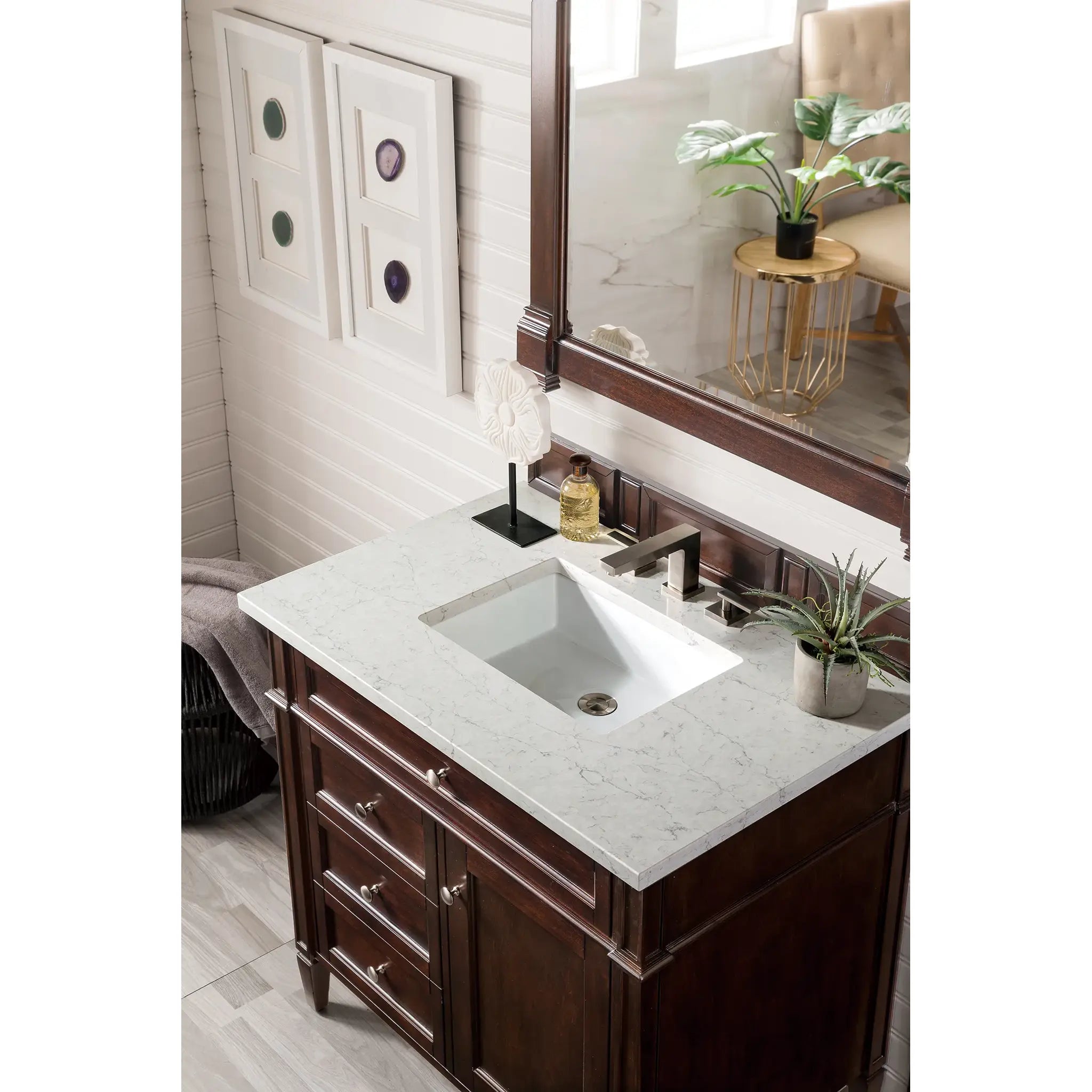 36" Brittany Single Vanity in Burnished Mahogany-Eternal Jasmine Pearl Silestone-8" Widespread image 2