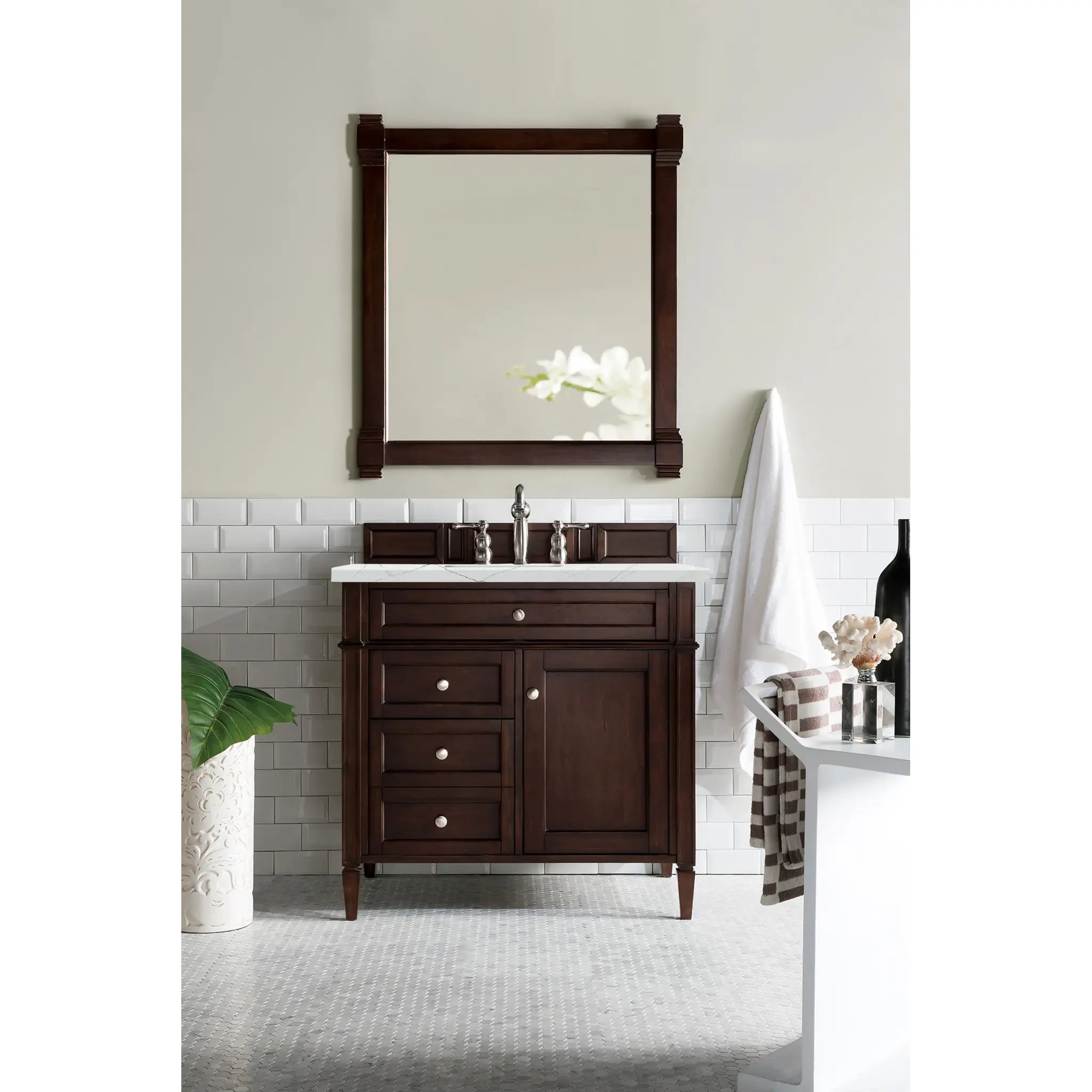 36" Brittany Single Vanity in Burnished Mahogany-Ethereal Noctis Silestone-8" Widespread image 1
