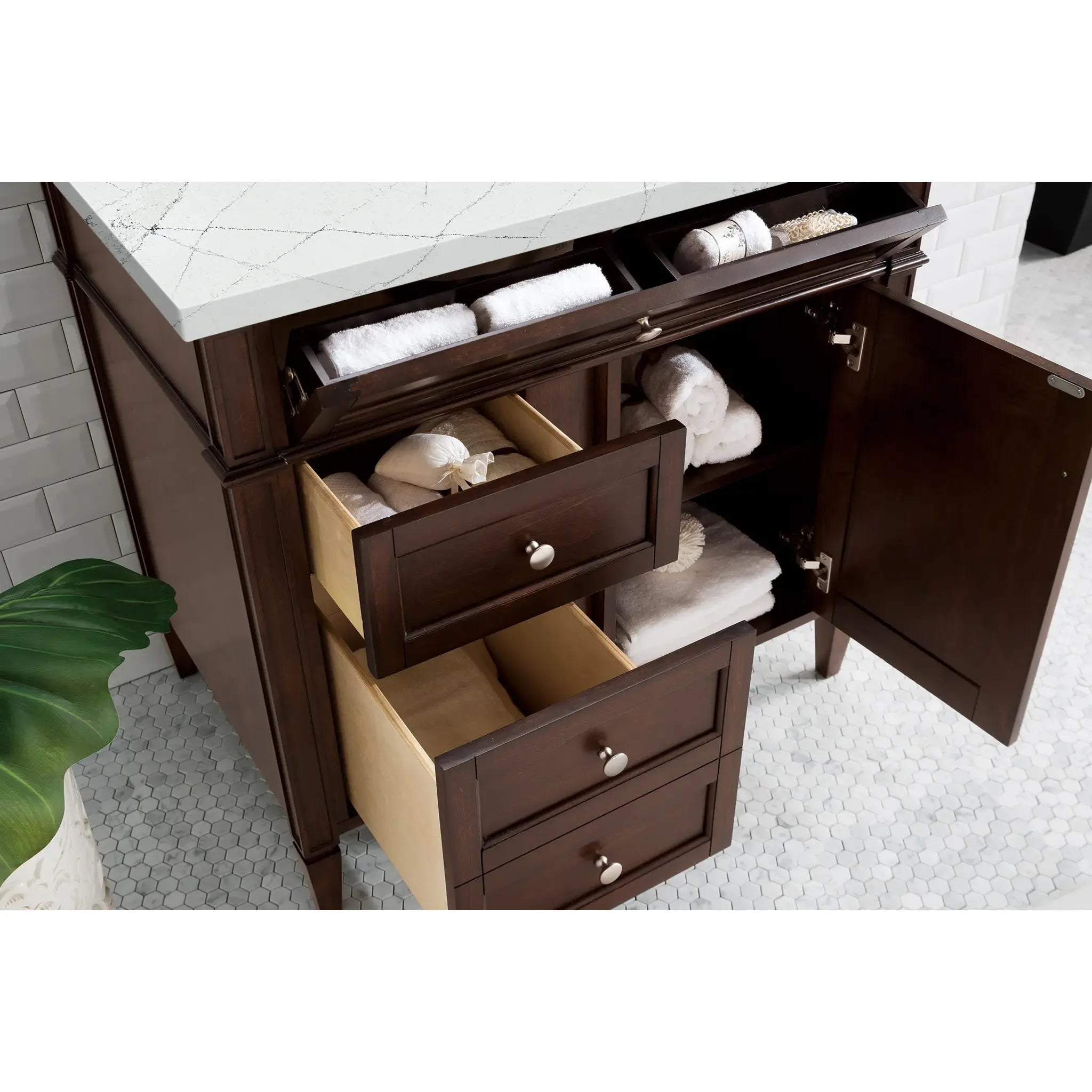 36" Brittany Single Vanity in Burnished Mahogany-Ethereal Noctis Silestone-8" Widespread image 3