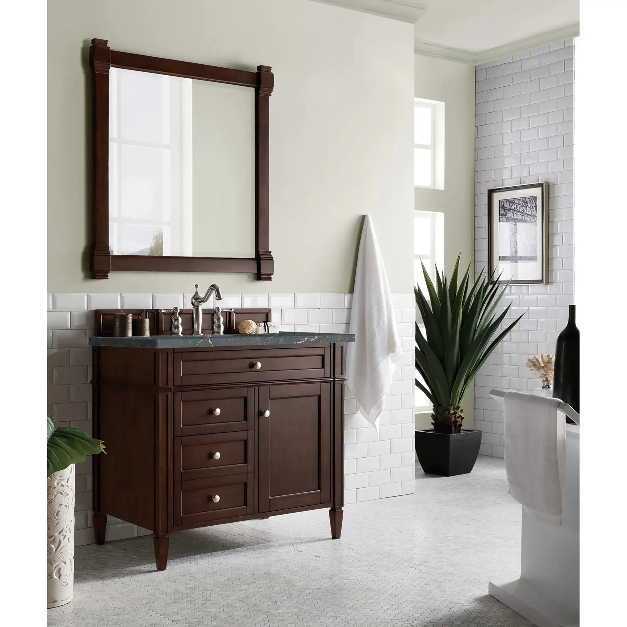 36" Brittany Single Vanity in Burnished Mahogany-Parisien Bleu Silestone-8" Widespread image 2