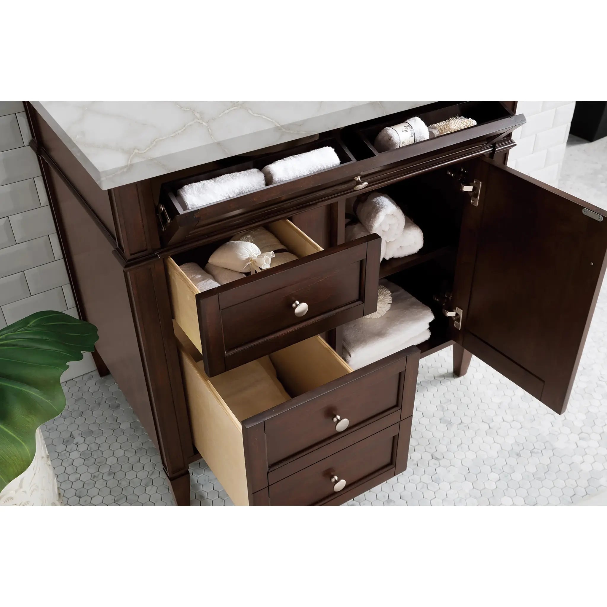 36" Brittany Single Vanity in Burnished Mahogany-Victorian Silver Silestone-8" Widespread image 3
