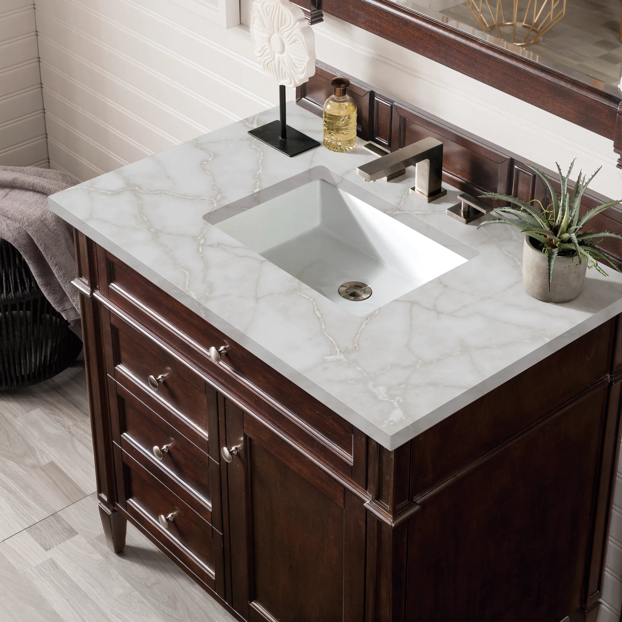 36" Brittany Single Vanity in Burnished Mahogany-Victorian Silver Silestone-8" Widespread image 4