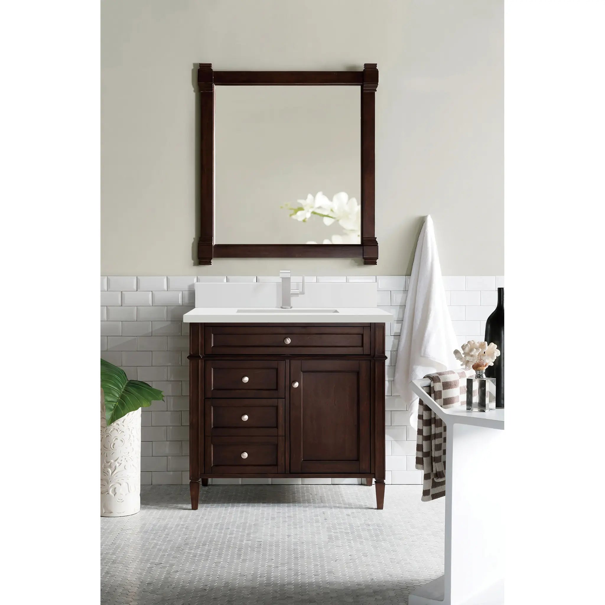 36" Brittany Single Vanity in Burnished Mahogany-White Zeus Silestone & Backsplash-Single Hole image 1