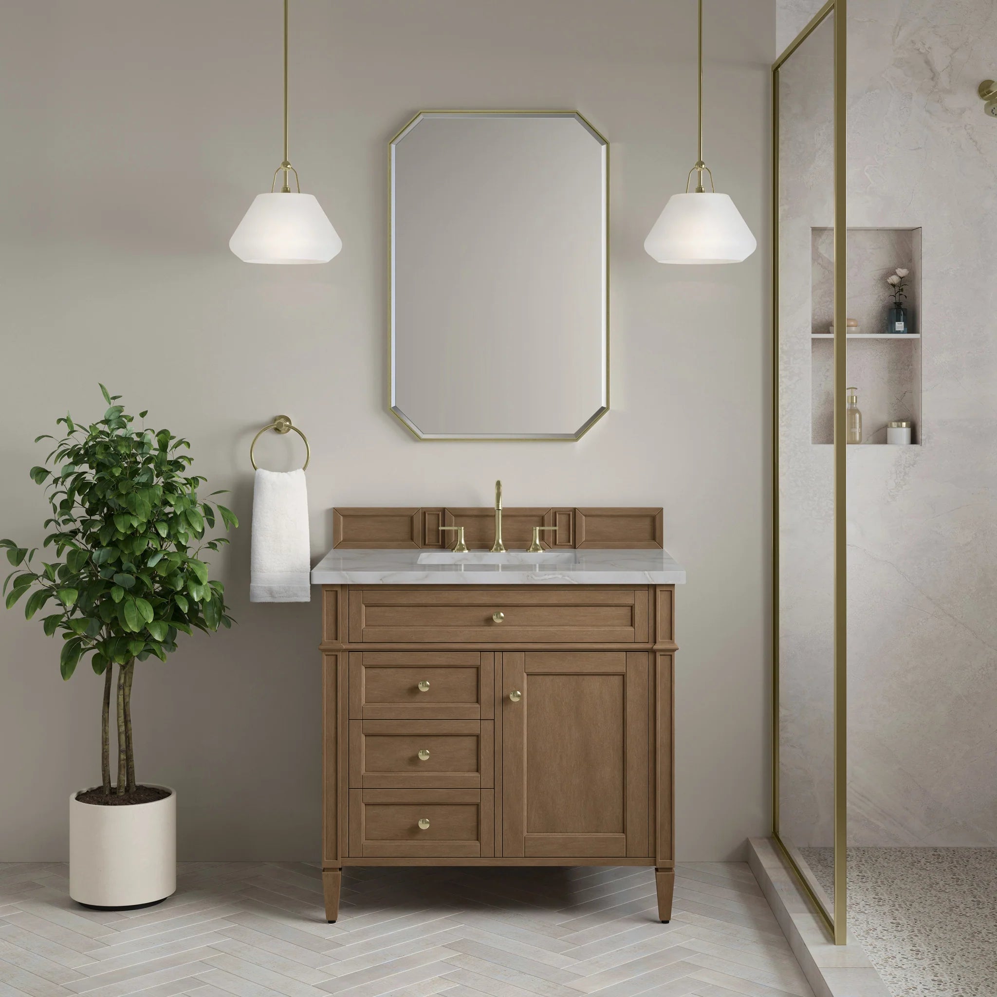 36" Brittany Single Vanity in Pecan by James Martin Vanities-Victorian Silver Silestone 1